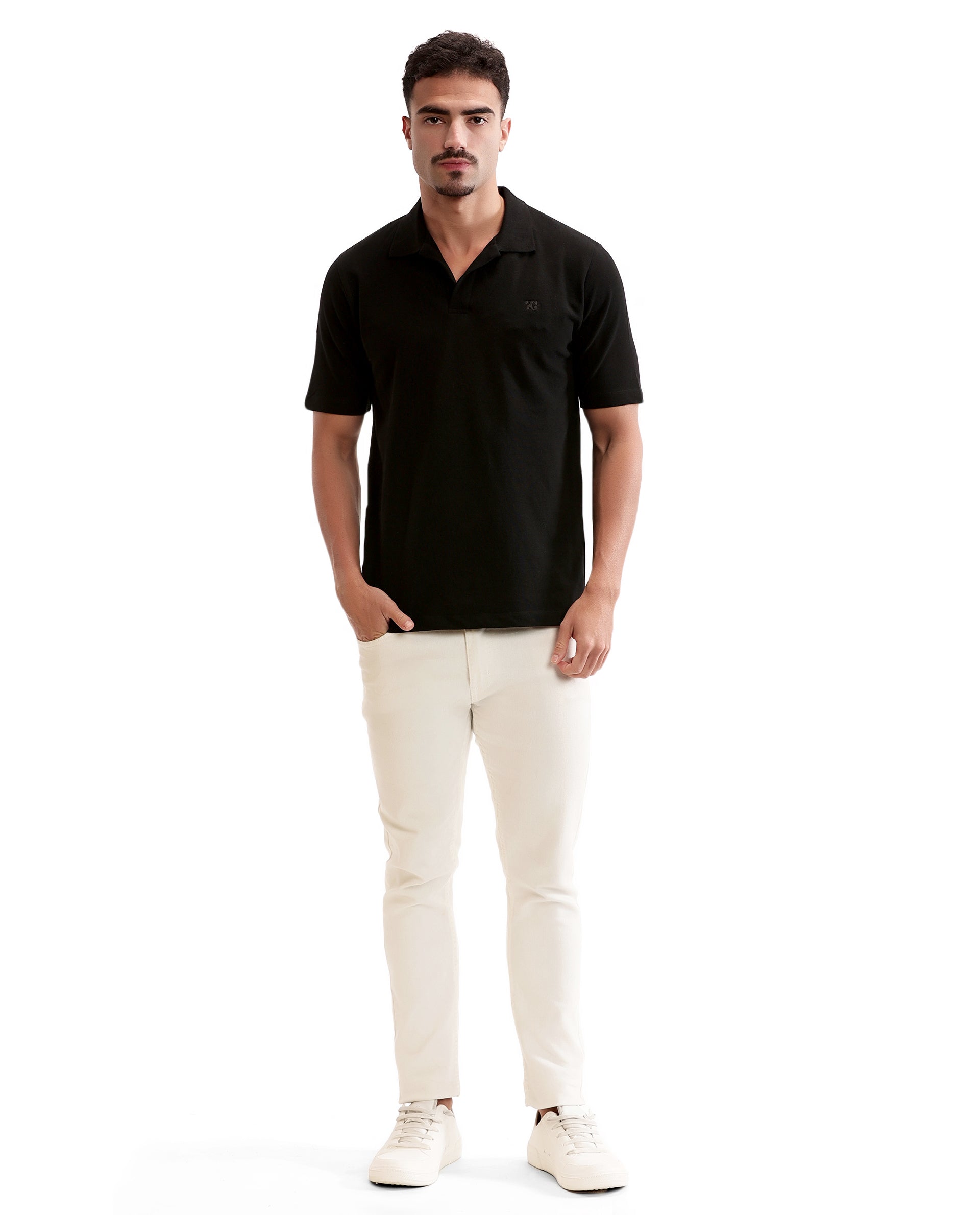 Charcoal Black Johnny Collar Pique Polo with Tone-on-Tone 7C Embroidery