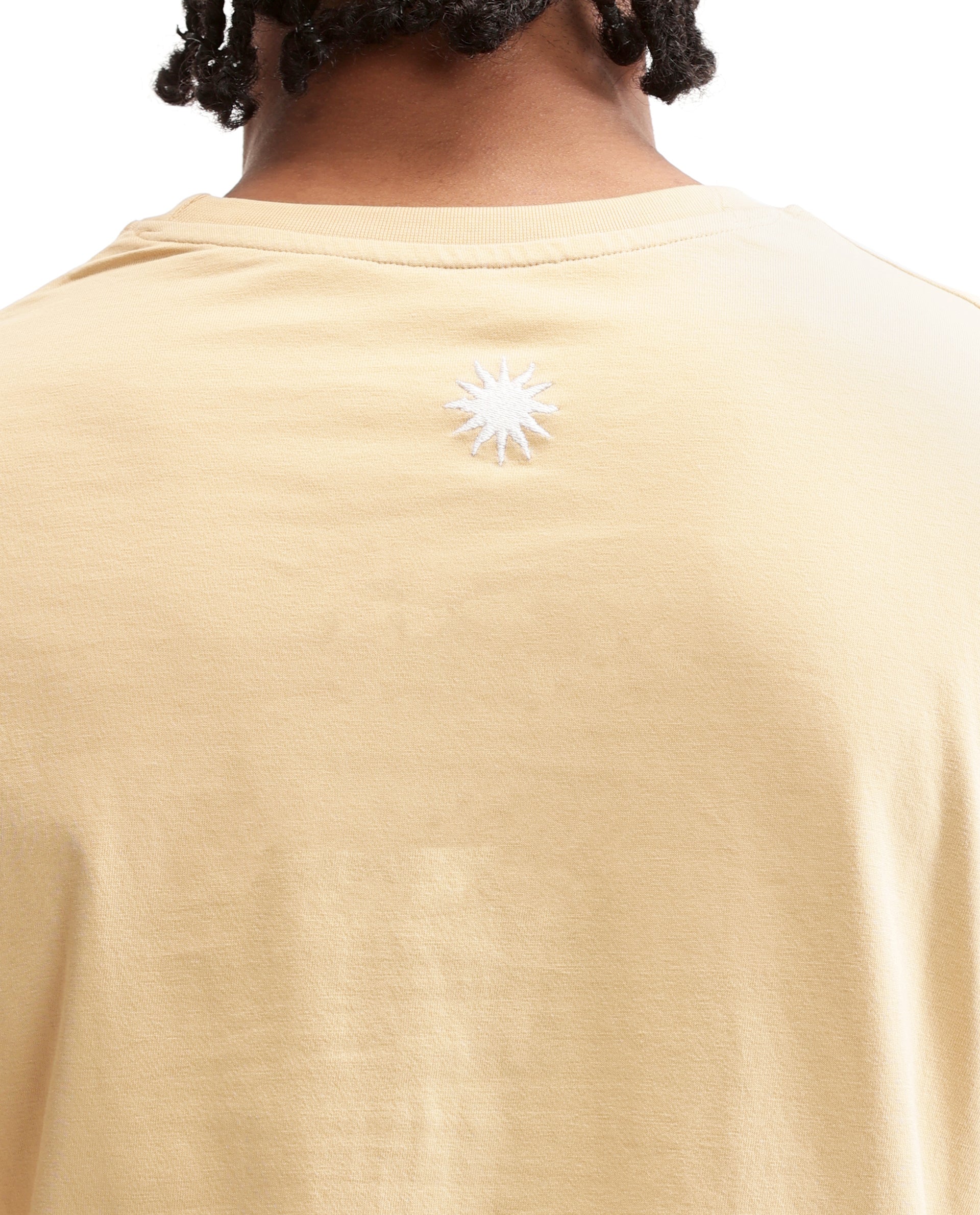 Camel Beige Single Jersey Crew Neck Oversized T-Shirt with Pure White Embroidery