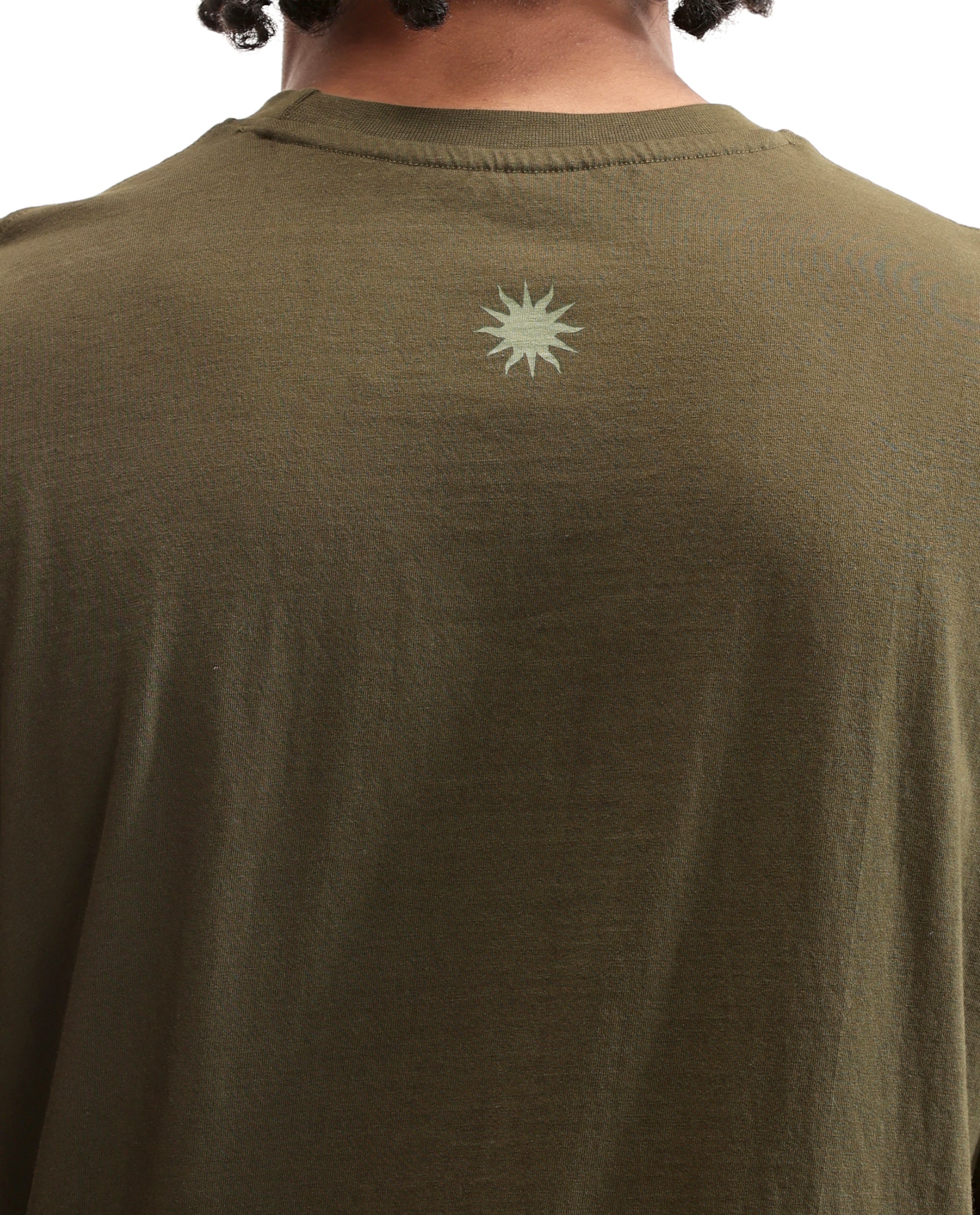 Vintage Olive Single Jersey Crew Neck Oversized T-Shirt with Light Olive Print & Pure White 7C Embroidery