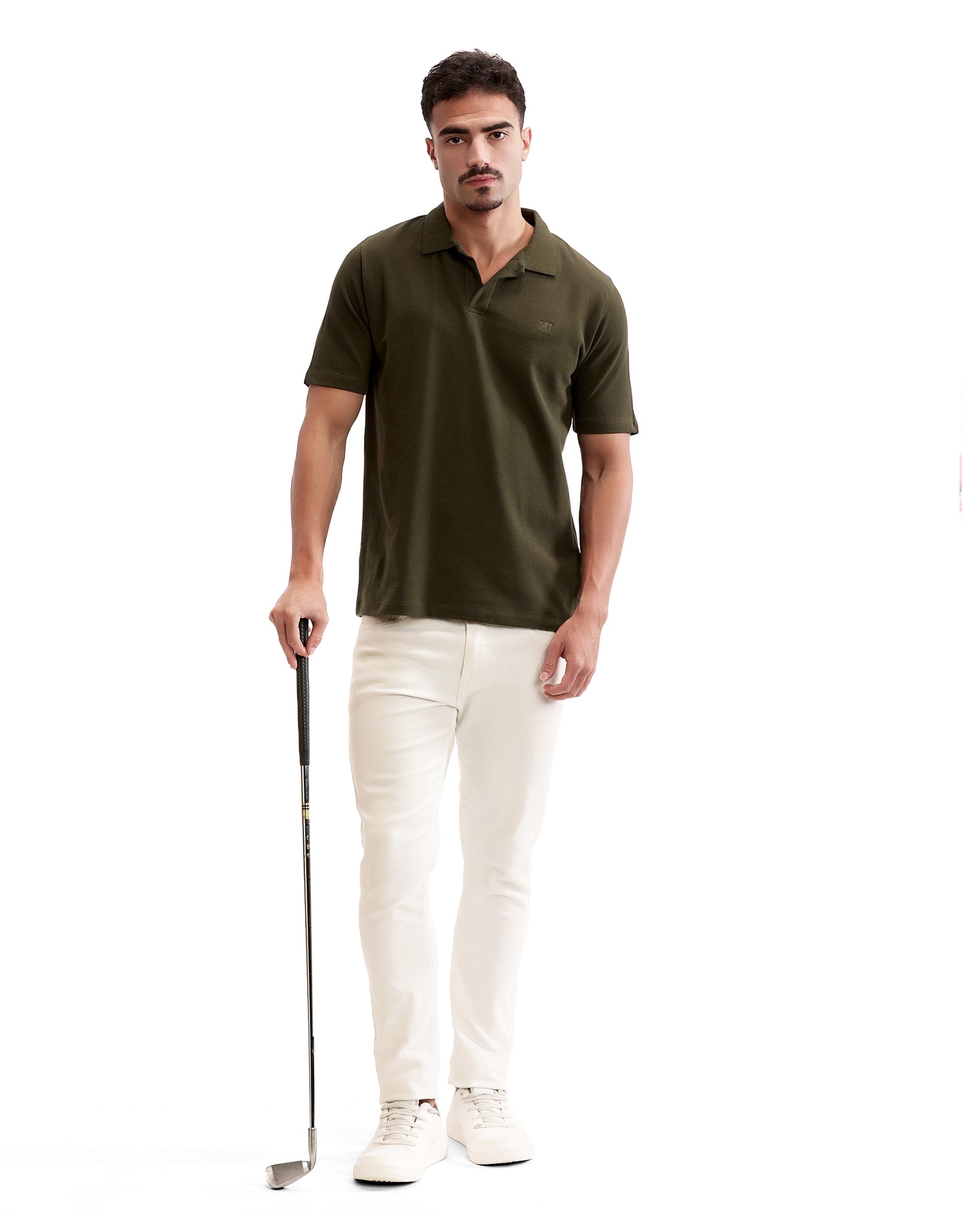 Vintage Olive Johnny Collar Pique Polo with Tone-on-Tone 7C Embroidery