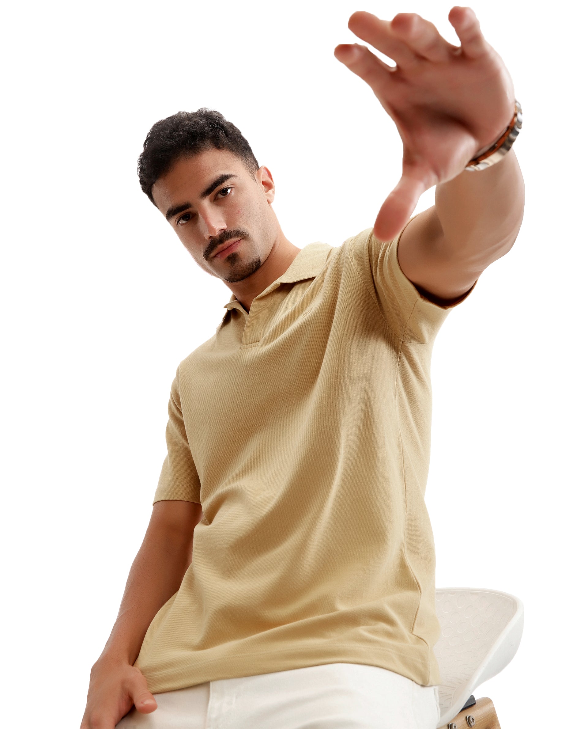 Camel Beige Johnny Collar Pique Polo with Tone-on-Tone 7C Embroidery