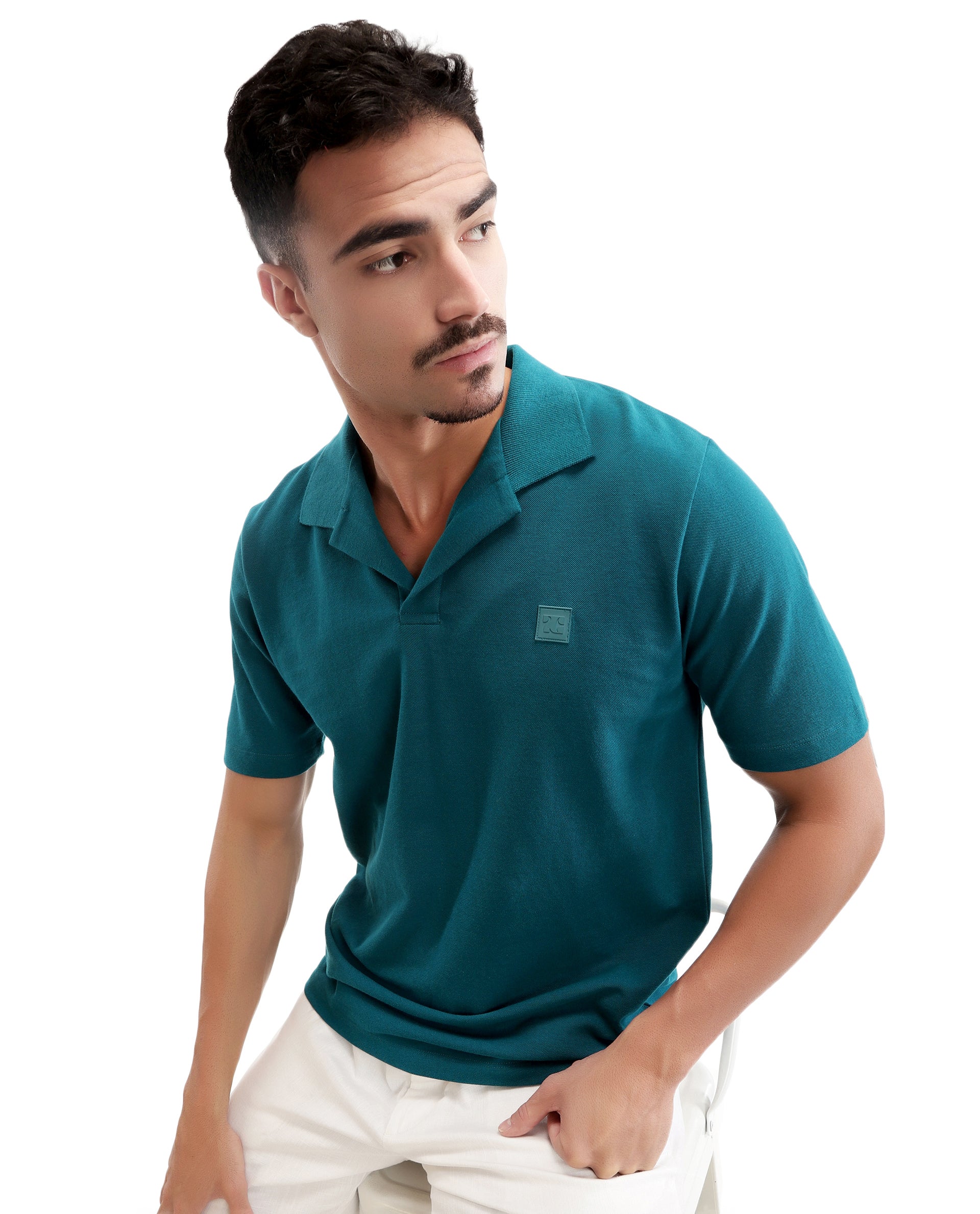 Ocean Teal Pique Johnny Collar Polo with 7C Rubber Badge