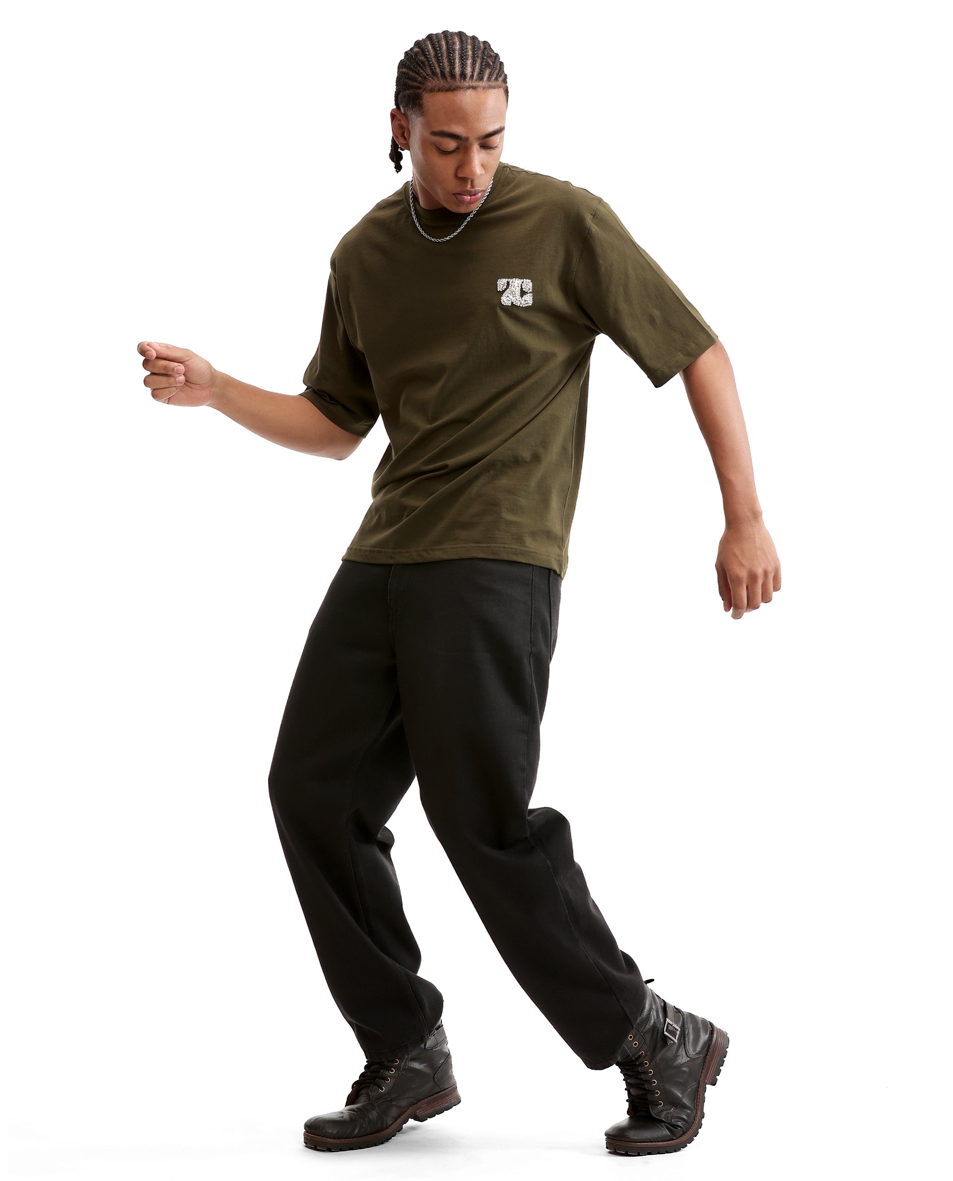Vintage Olive Single Jersey Crew Neck Oversized T-Shirt with Crystal Finish Rhinestones