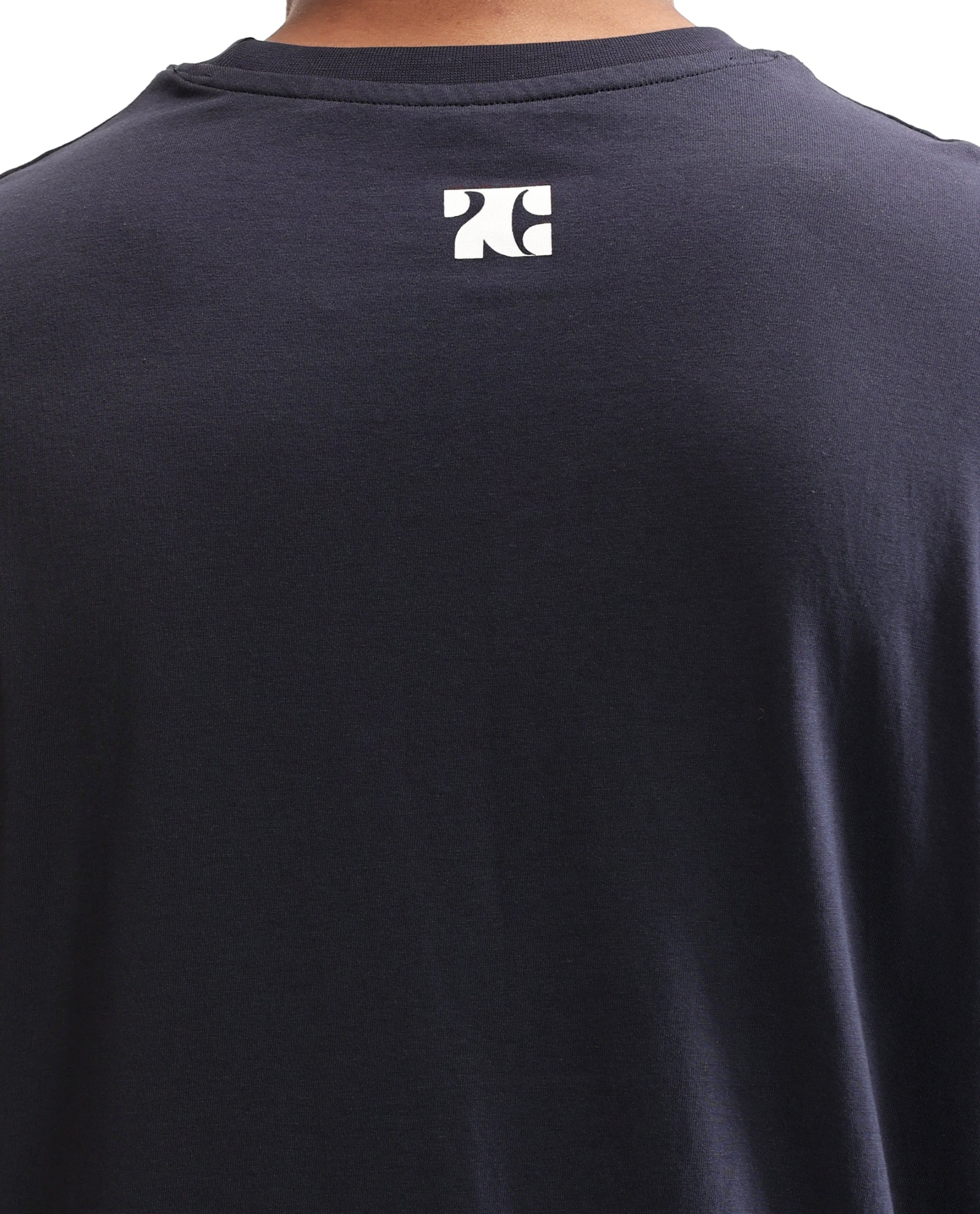Midnight Navy Blue Single Jersey Crew Neck Oversized T-Shirt with Pure White Non-PVC Print