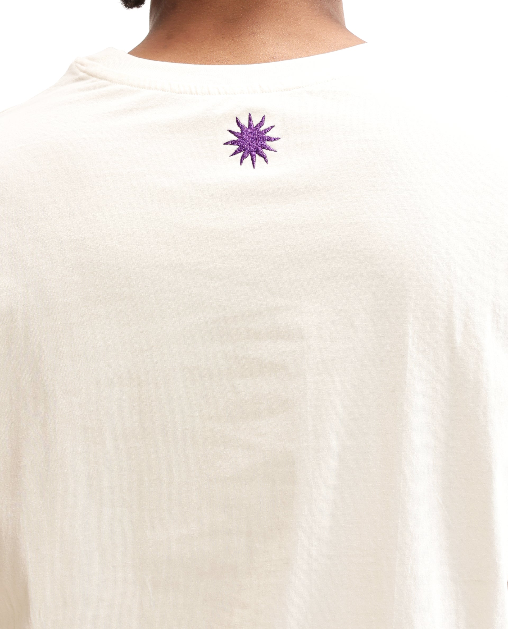 Ivory White Single Jersey Crew Neck Oversized T-Shirt with Deep Purple Embroidery
