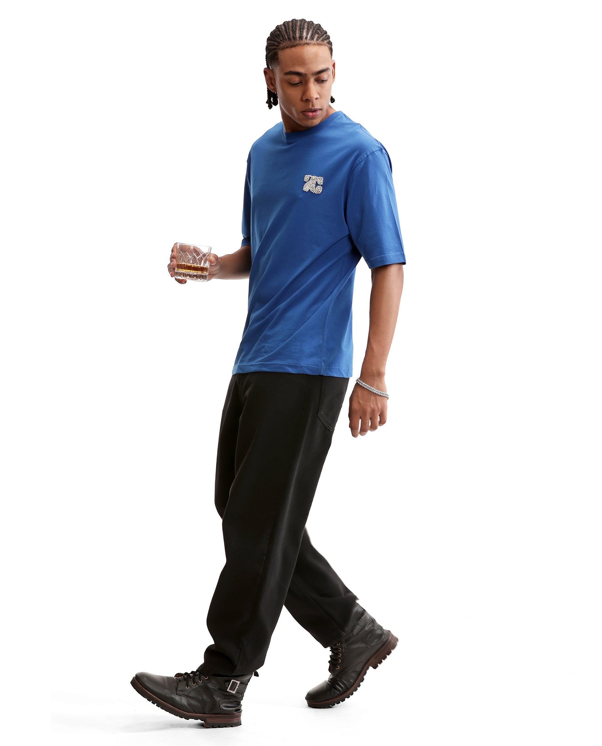 Imperial Prussian Blue Single Jersey Neck Oversized T-Shirt with Crystal Finish Rhinestones