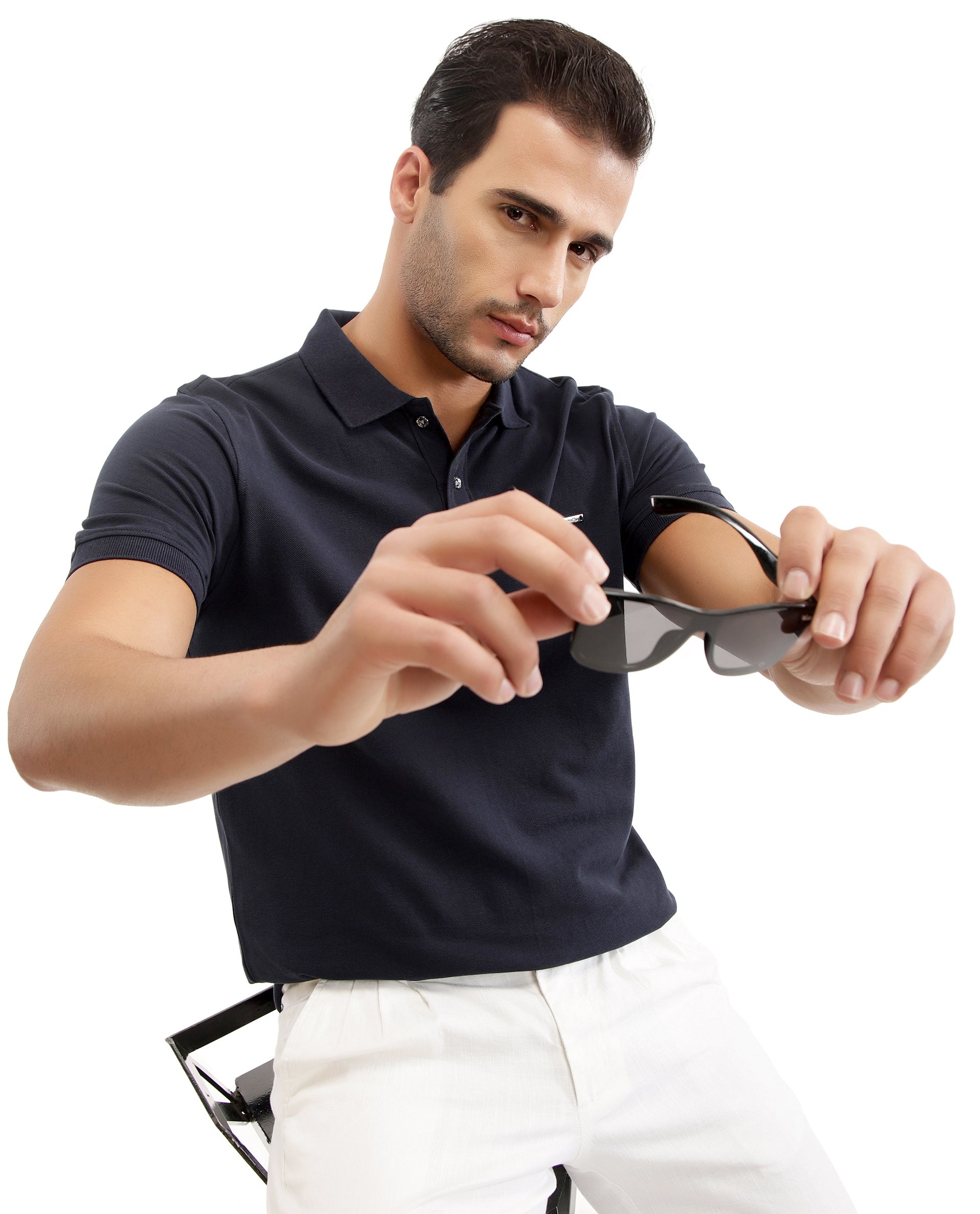 Midnight Navy Blue Pique Polo with Metal Buttons, 7C Metal Badge