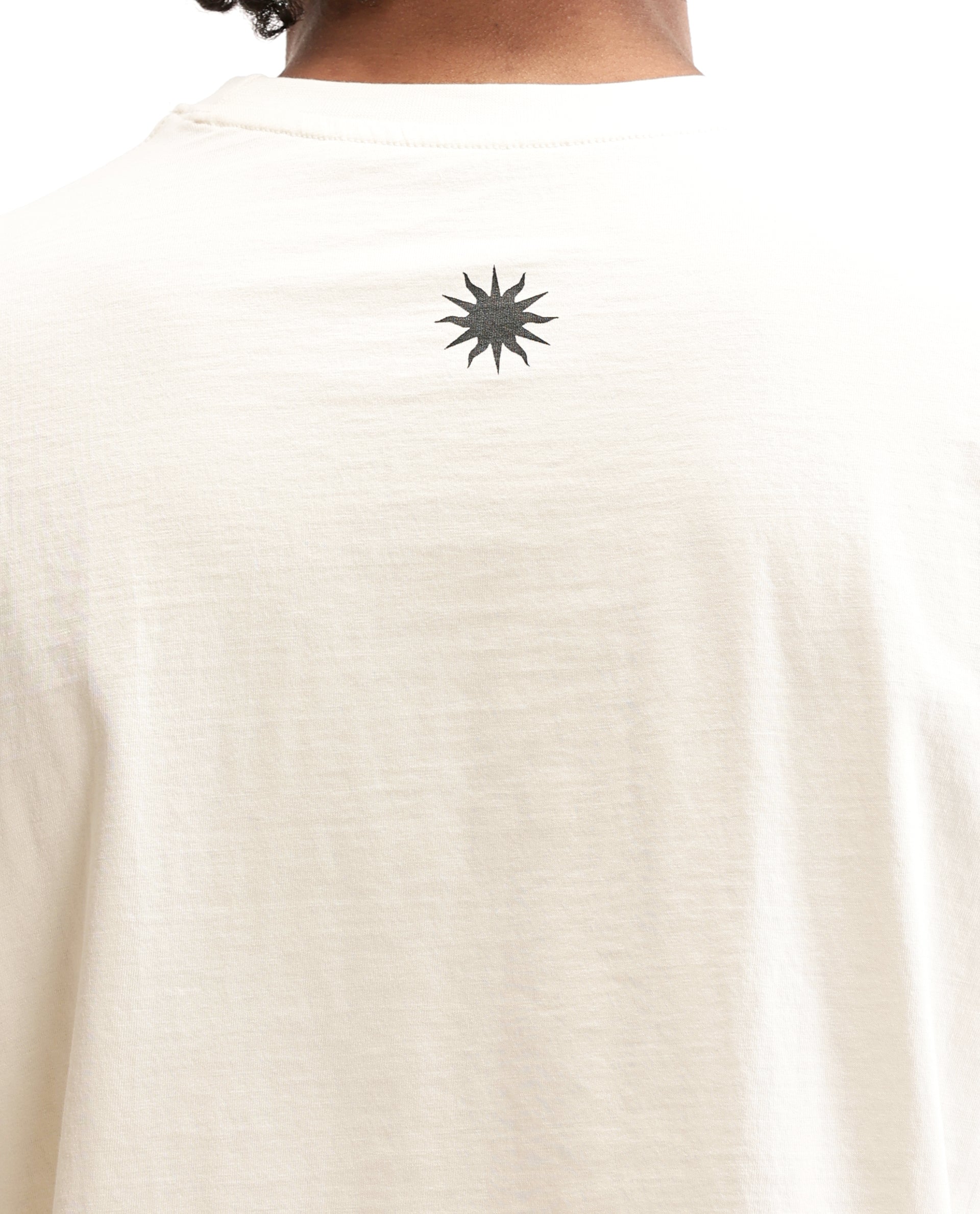 Ivory White Single Jersey Crew Neck Oversized T-Shirt with Black Print & Pure White 7C Embroidery