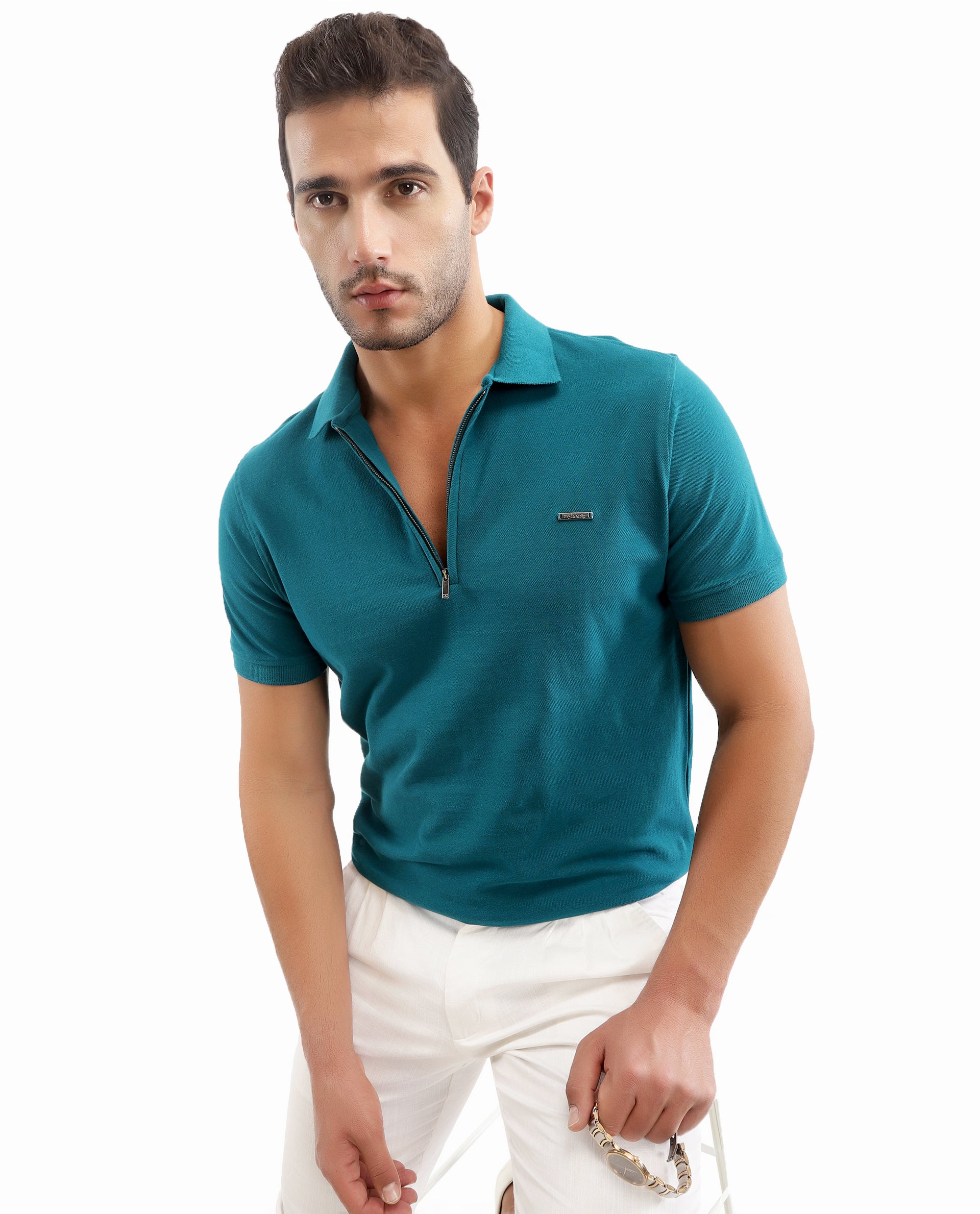 Ocean Teal Pique Polo with 7C Metal Zip, Metal Badge