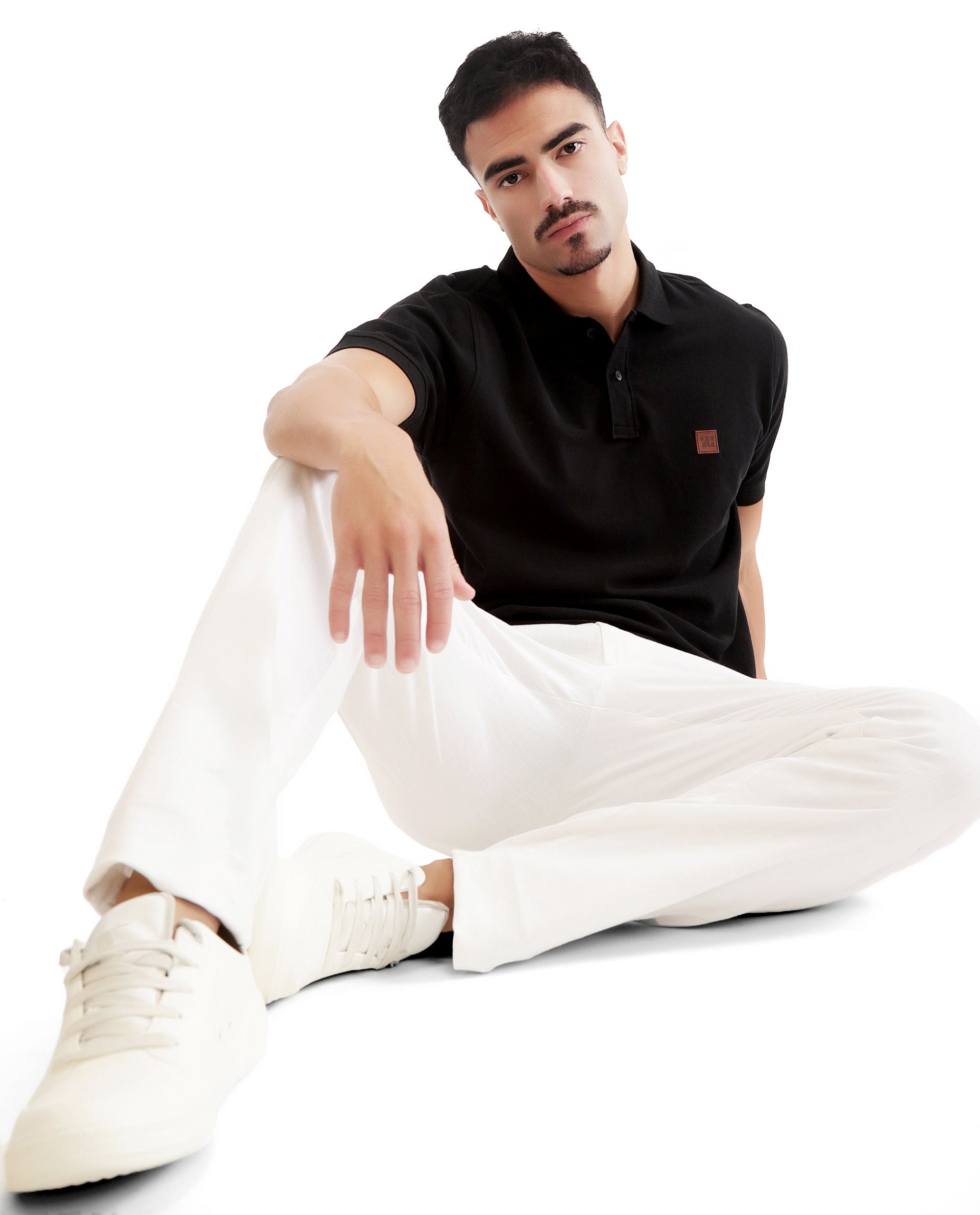 Charcoal Black Pique Polo with 7C Faux Leather Badge