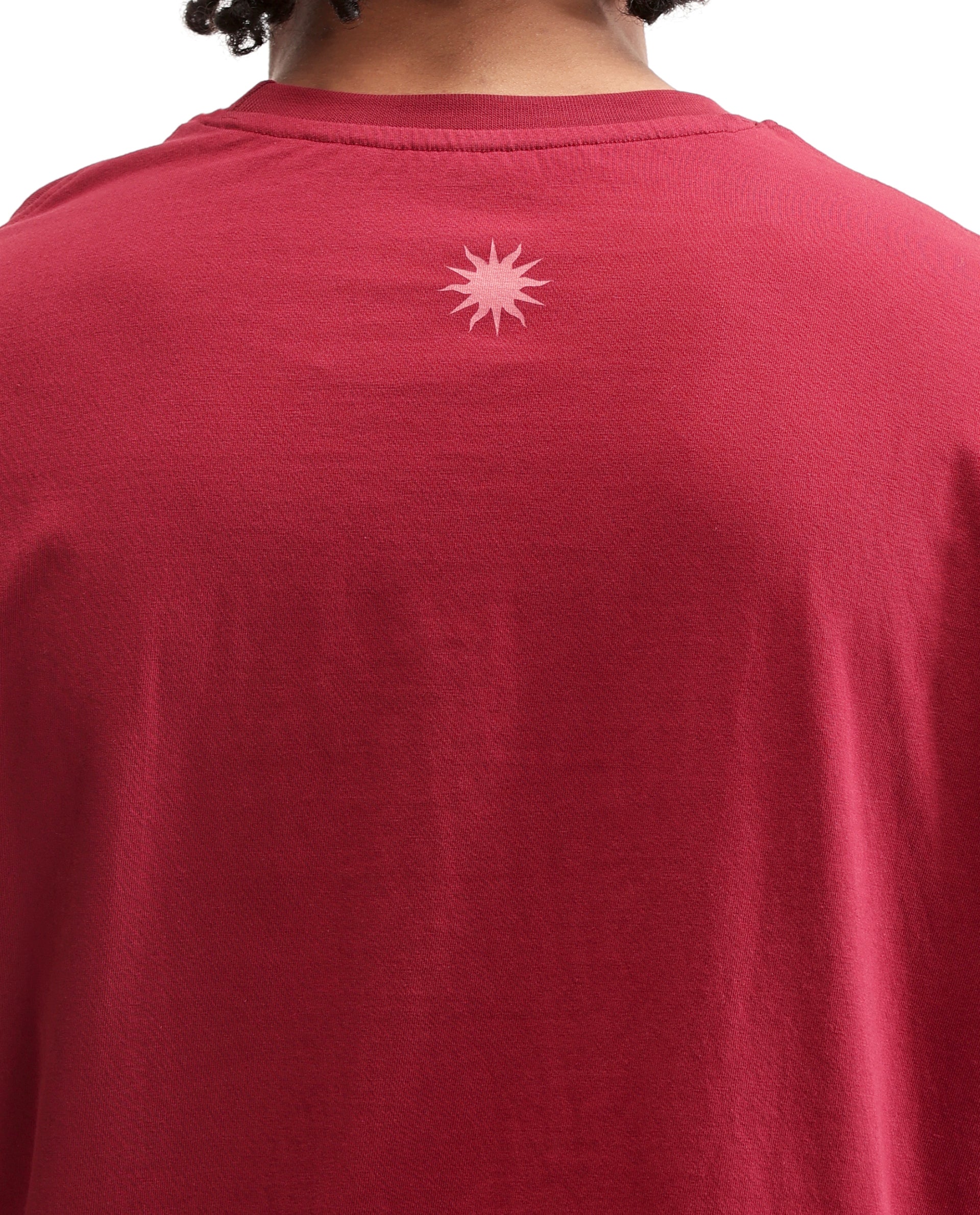 Bordeaux Maroon Single Jersey Crew Neck Oversized T-Shirt with Light Maroon Print & Pure White 7C Embroidery