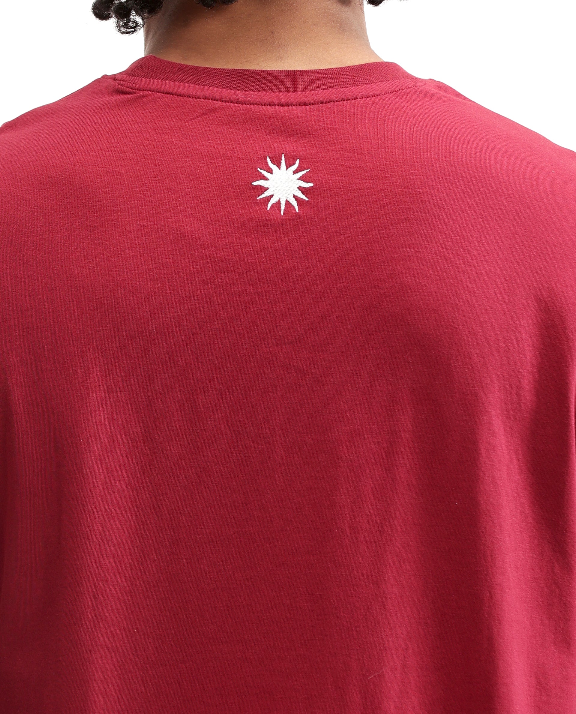 Bordeaux Maroon Single Jersey Crew Neck Oversized T-Shirt with Pure White Embroidery