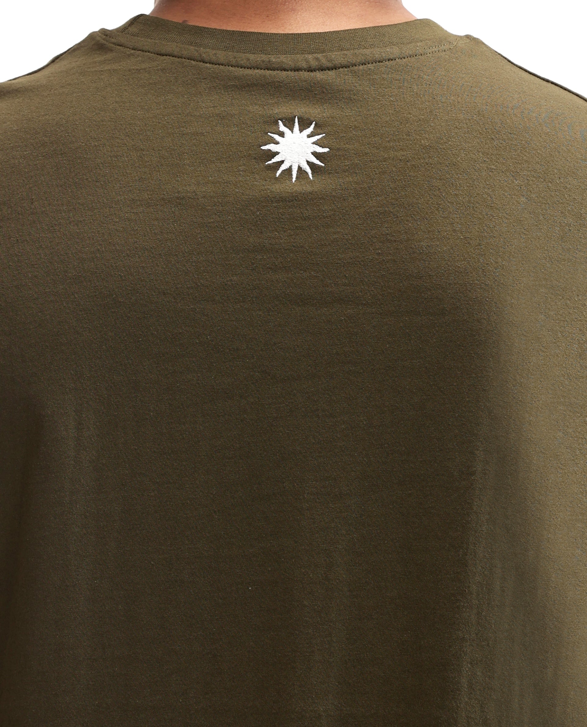 Vintage Olive Single Jersey Crew Neck Oversized T-Shirt with Pure White Embroidery