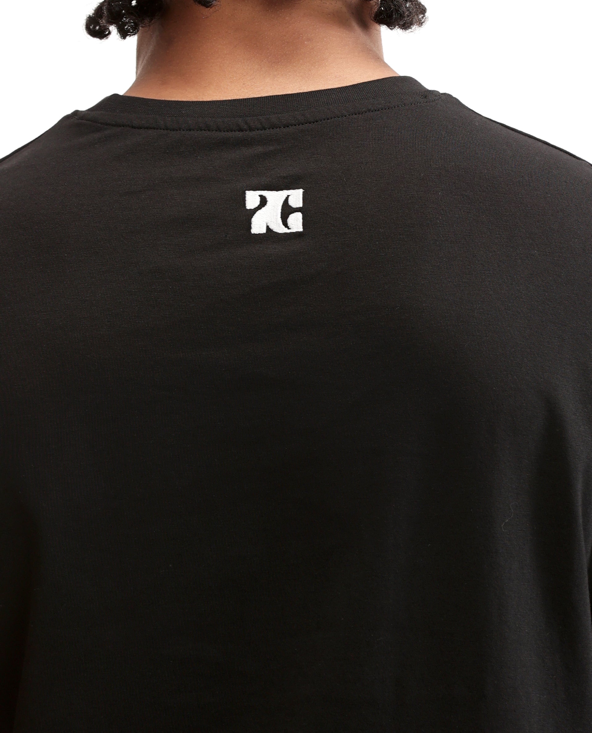 Charcoal Black Single Jersey Crew Neck Oversized T-Shirt with Pure White Embroidery