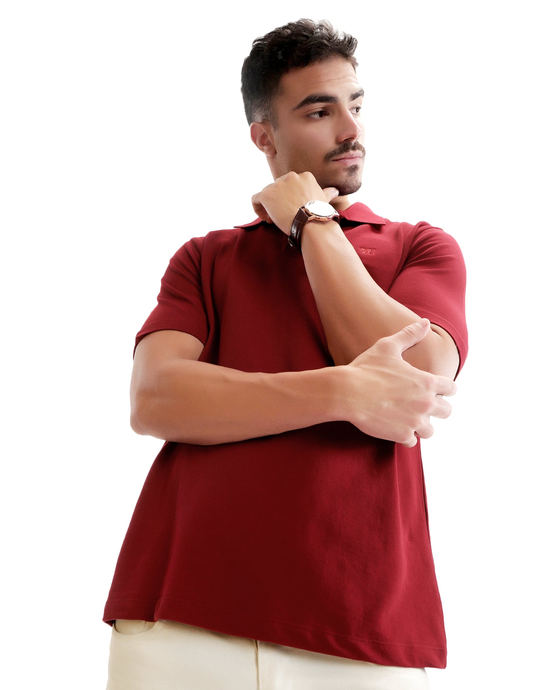 Bordeaux Maroon Johnny Collar Pique Polo with Tone-on-Tone 7C Embroidery