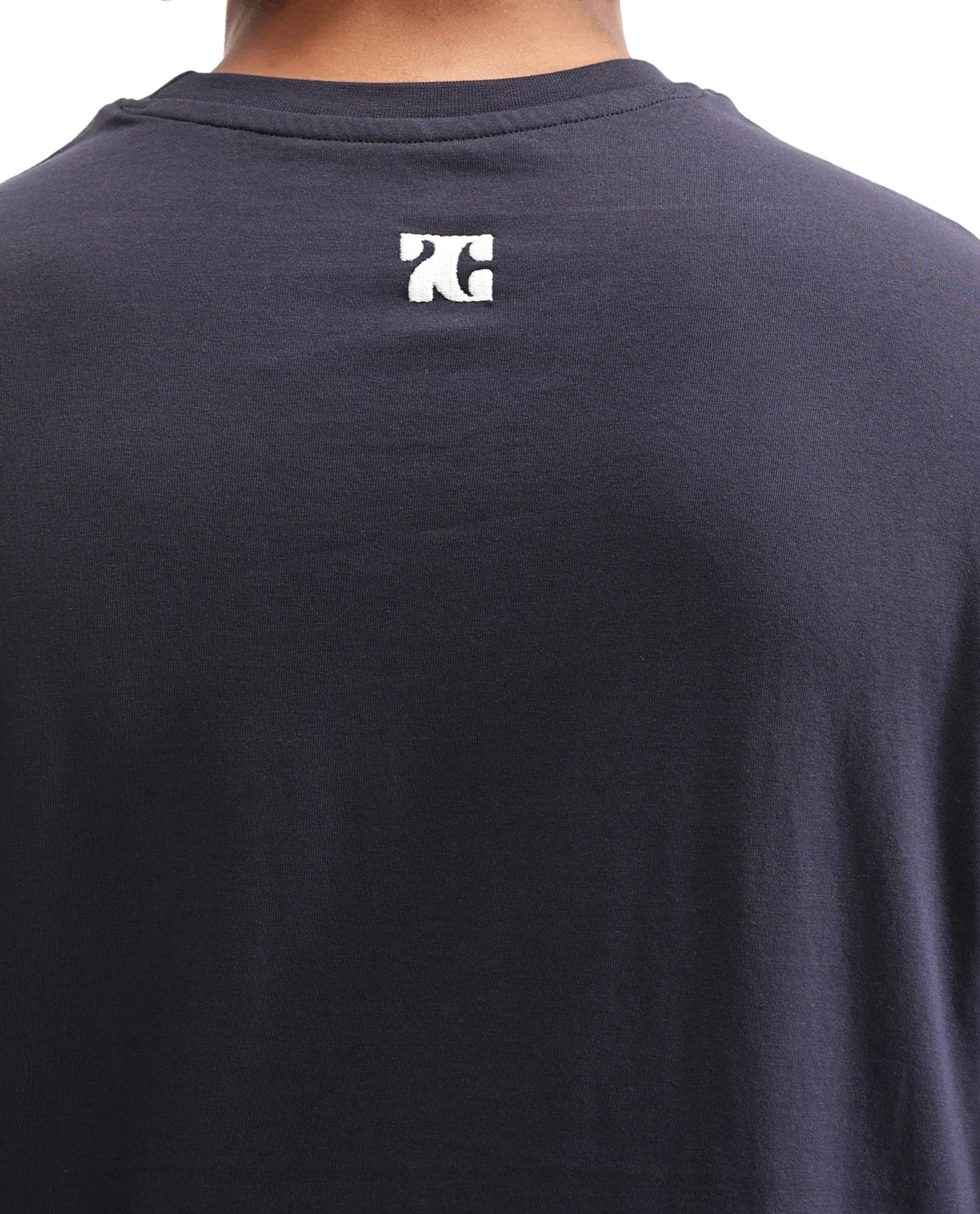 Midnight Navy Blue Single Jersey Crew Neck Oversized T-Shirt with Pure White Embroidery