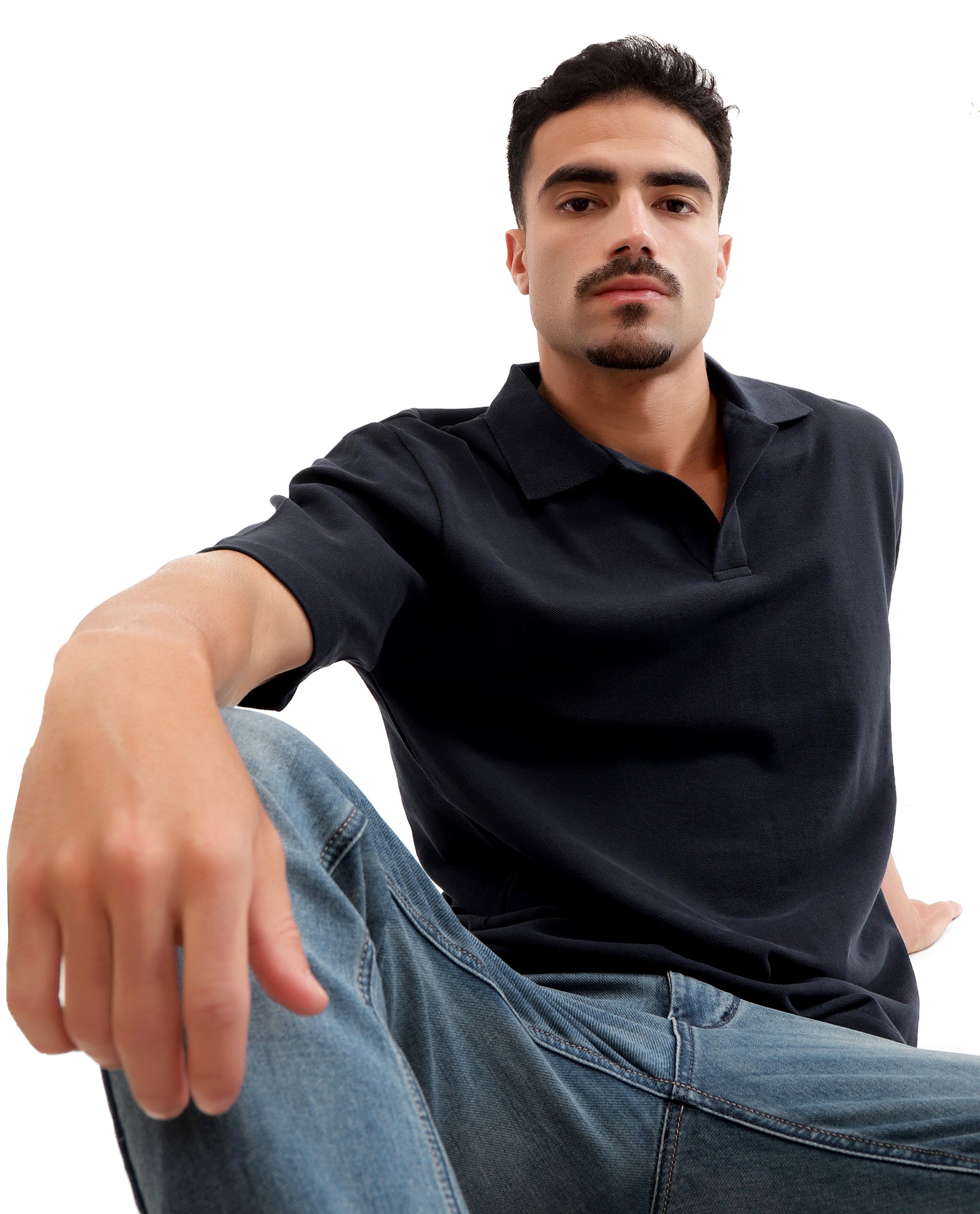 Midnight Navy Blue Pique Johnny Collar Polo