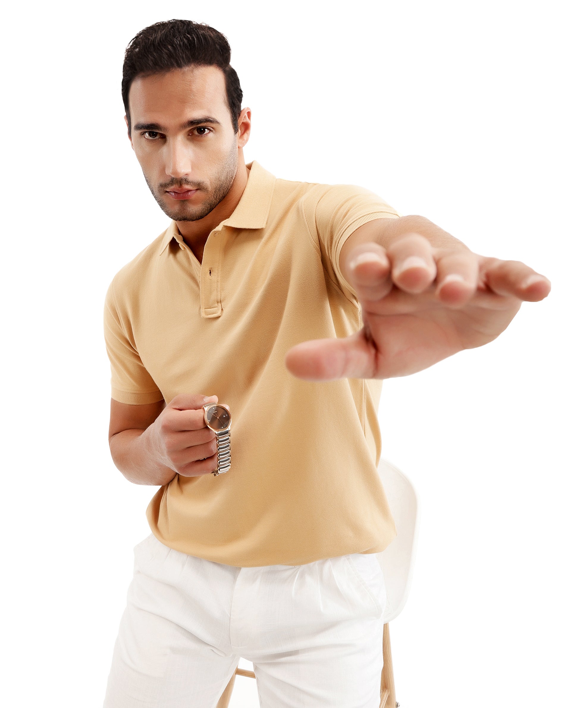 Camel Beige Pique Polo with White Collar Piping, Tone-on-Tone 7C Embroidery
