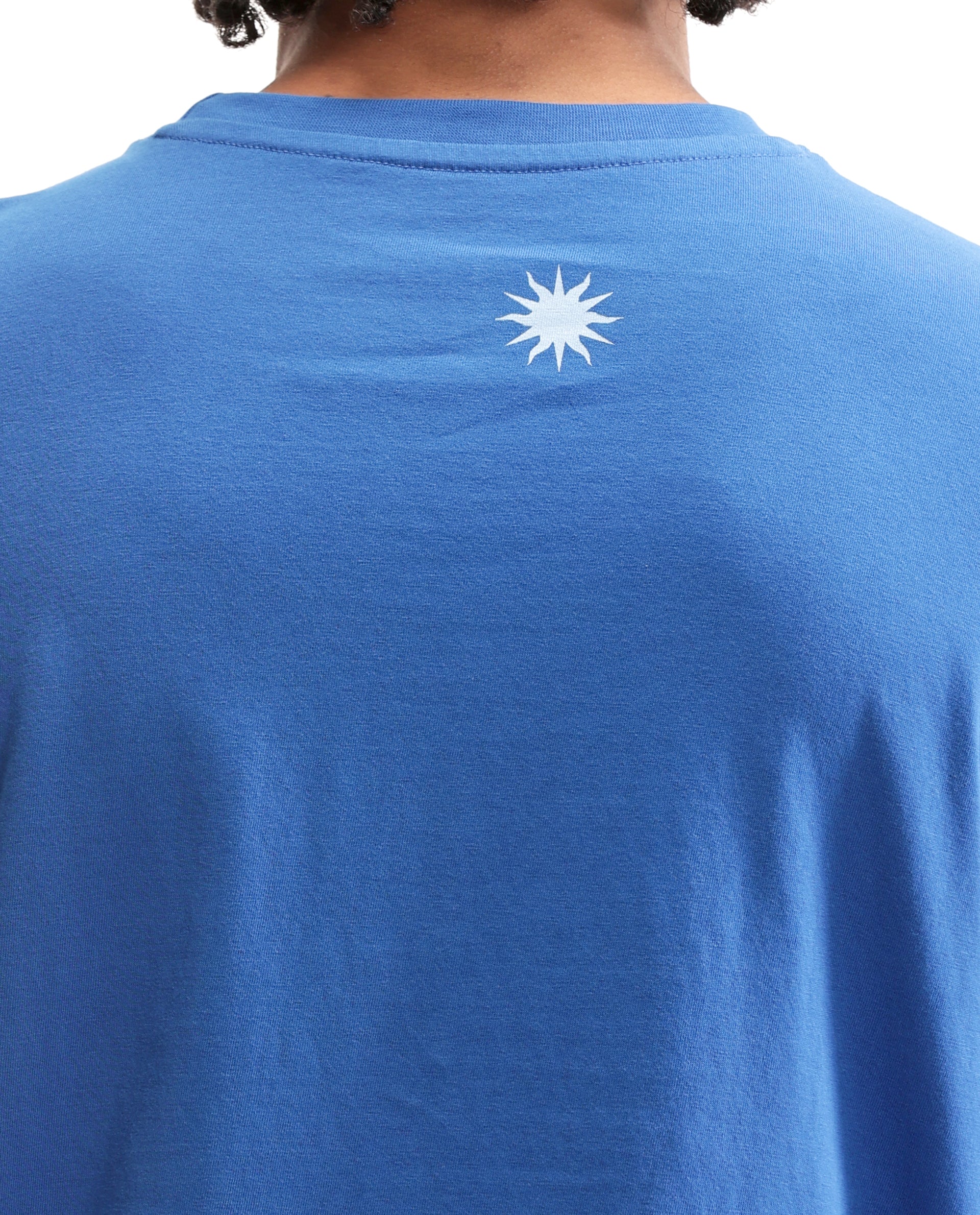 Imperial Prussian Blue Single Jersey Crew Neck Oversized T-Shirt with Light Blue Print & Pure White 7C Embroidery