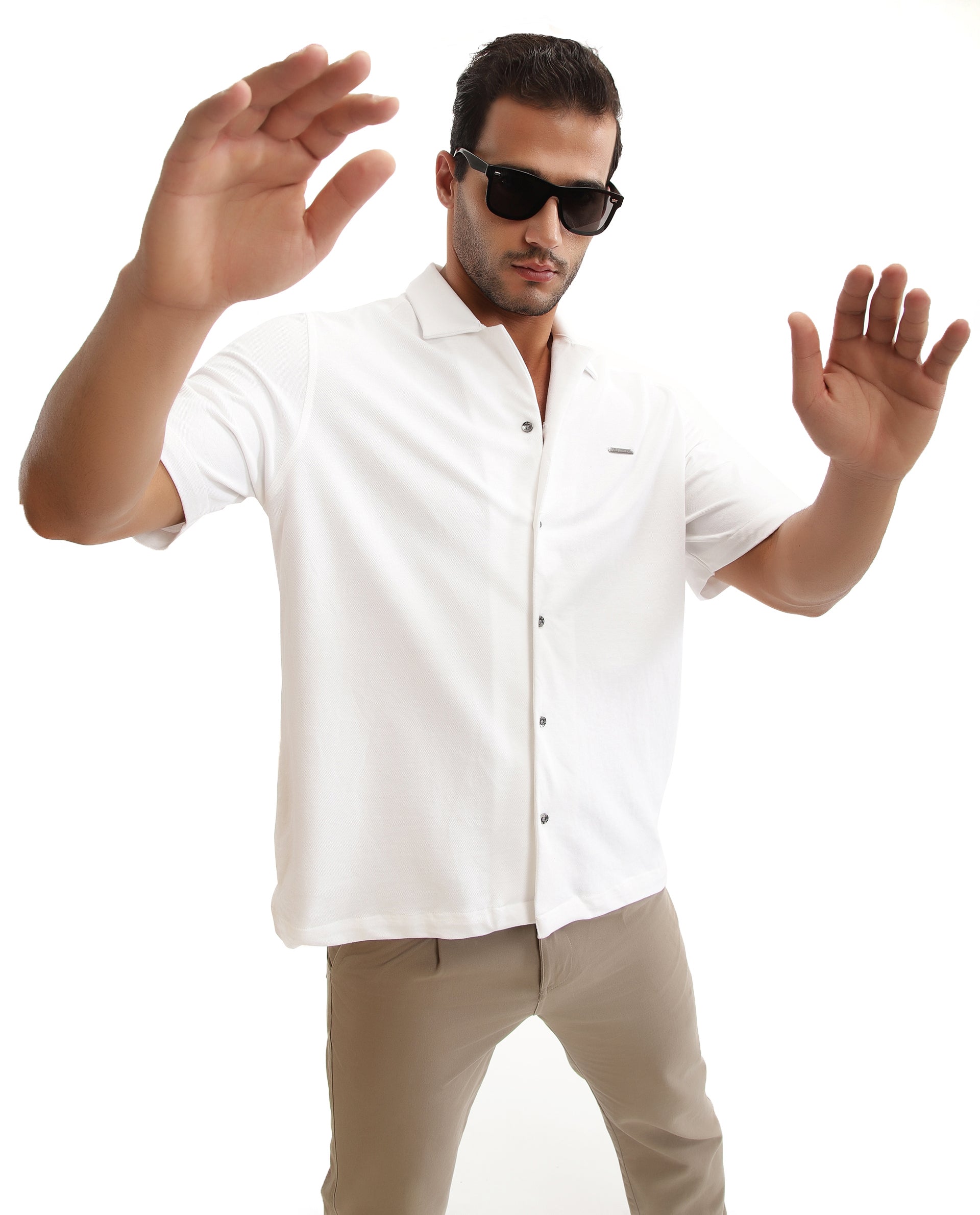 Pure White Pique Knit Shirt with 7C Metal Buttons, Gun Metal Badge