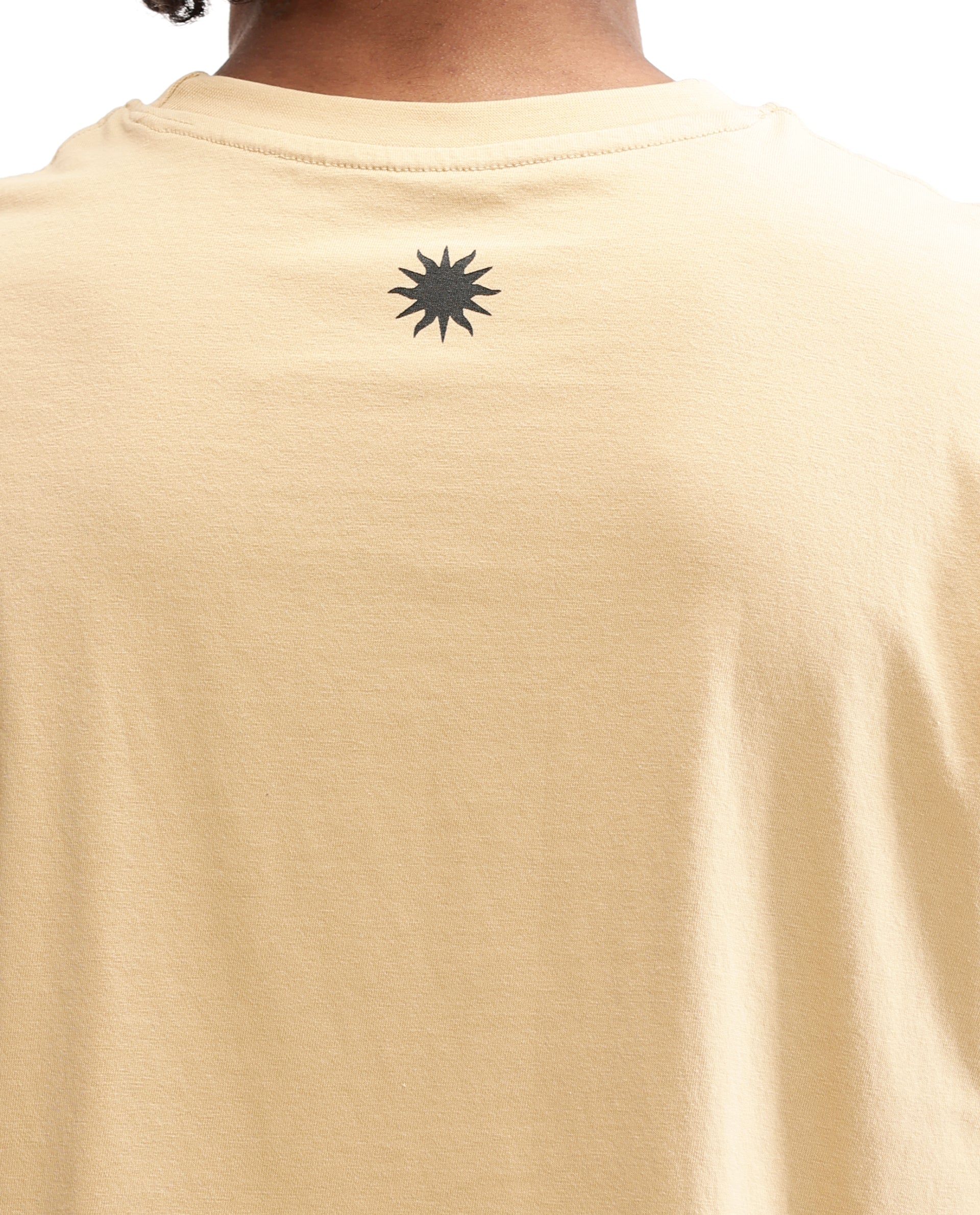 Camel Beige Single Jersey Crew Neck Oversized T-Shirt with Black Print & Pure White 7C Embroidery