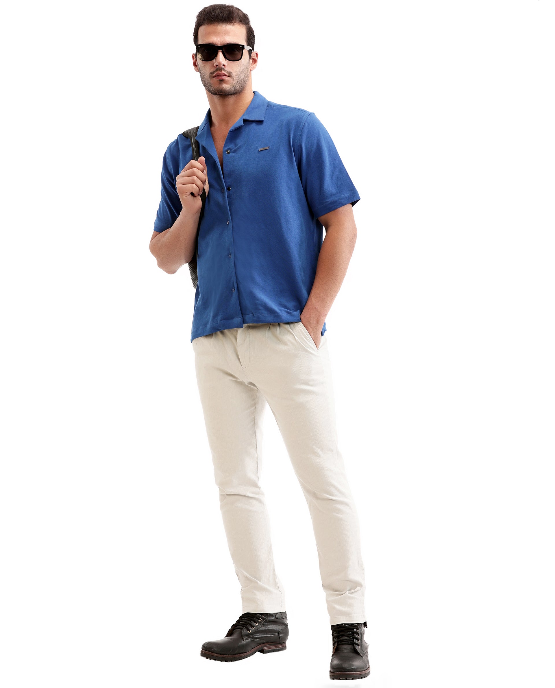 Imperial Prussian Blue Pique Knit Shirt with 7C Engraved Snap Buttons, Gun Metal Badge