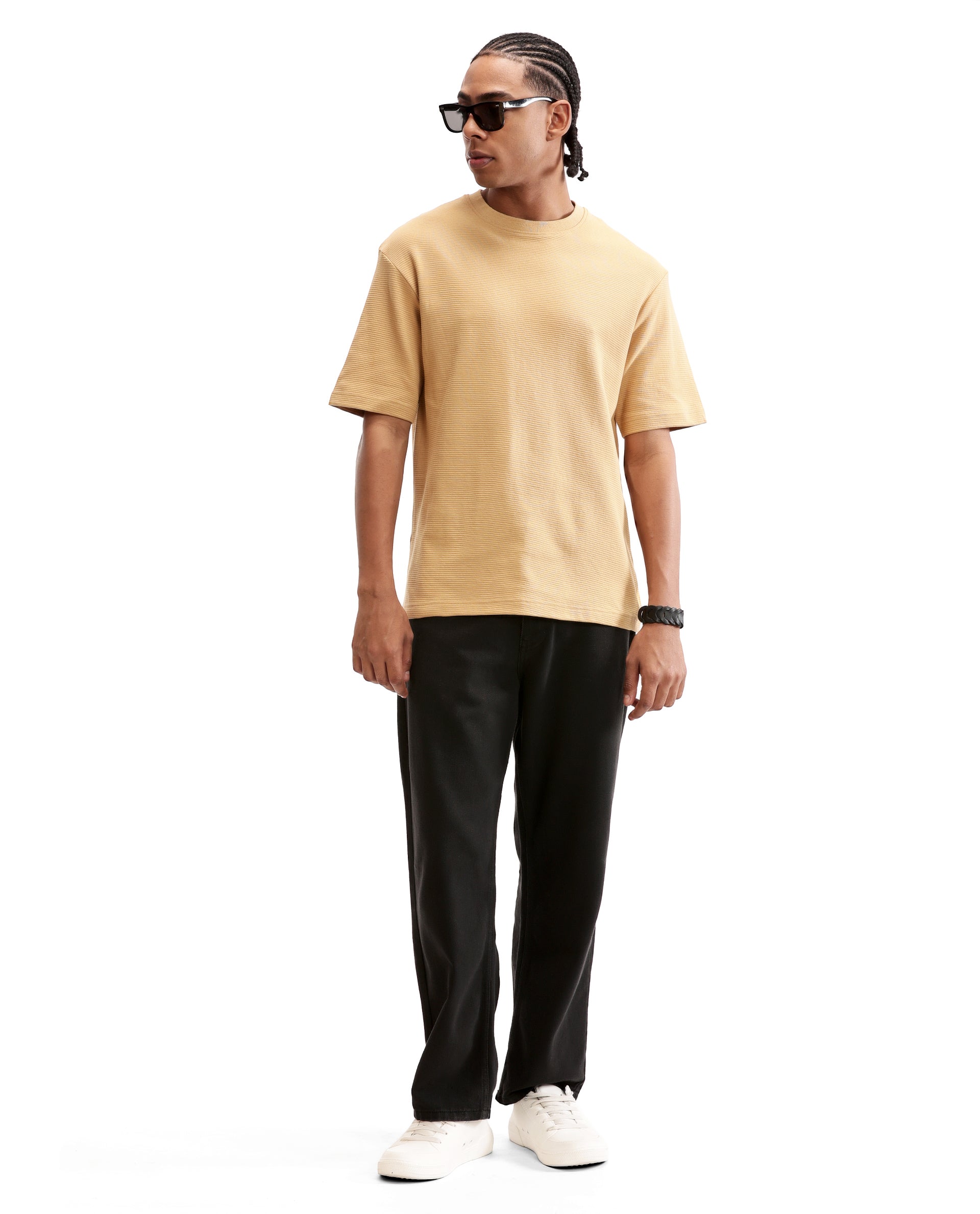 Camel Beige Knitted Ottoman Crew Neck Oversized T-Shirt