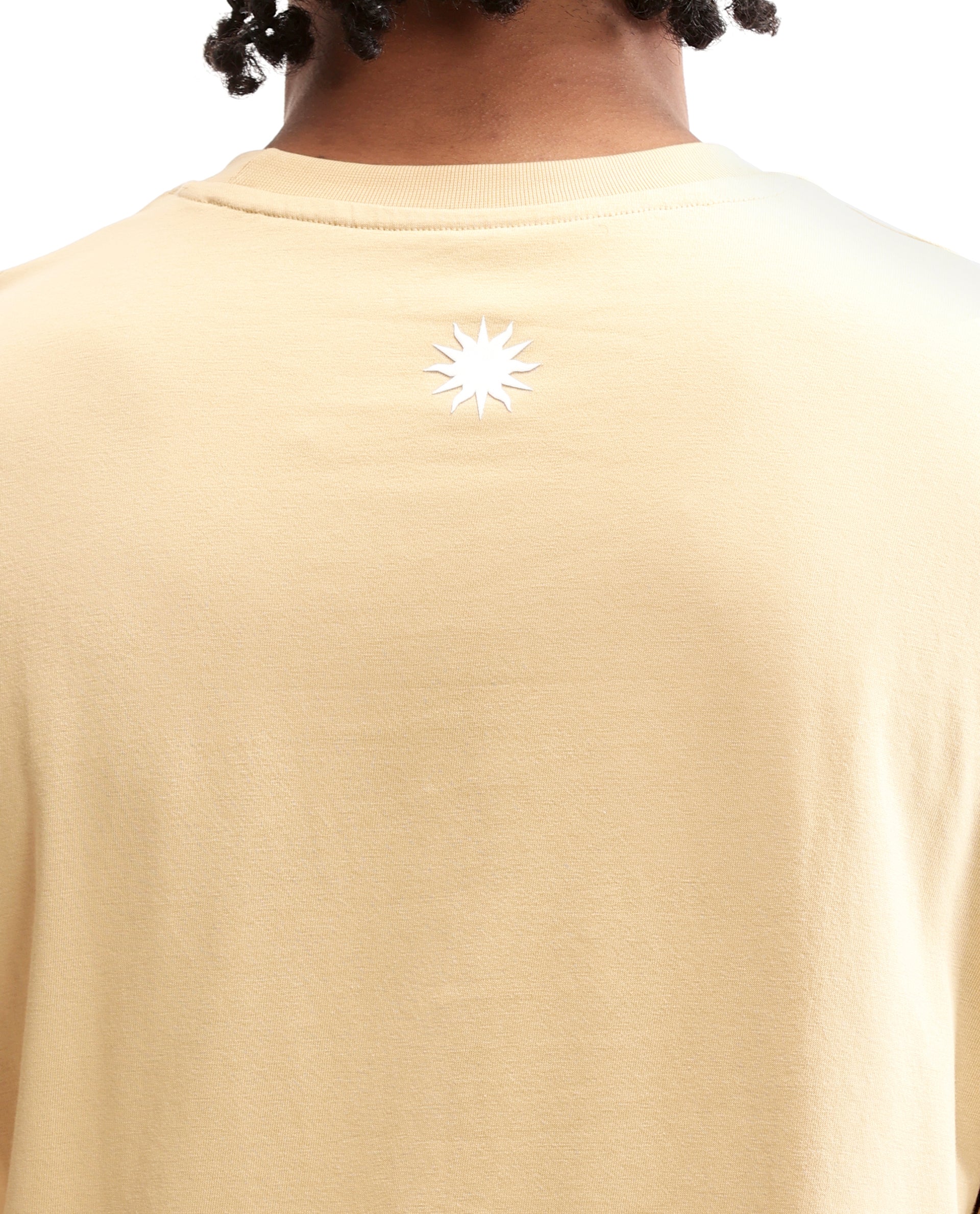 Camel Beige Single Jersey Crew Neck Oversized T-Shirt with Pure White HD Print