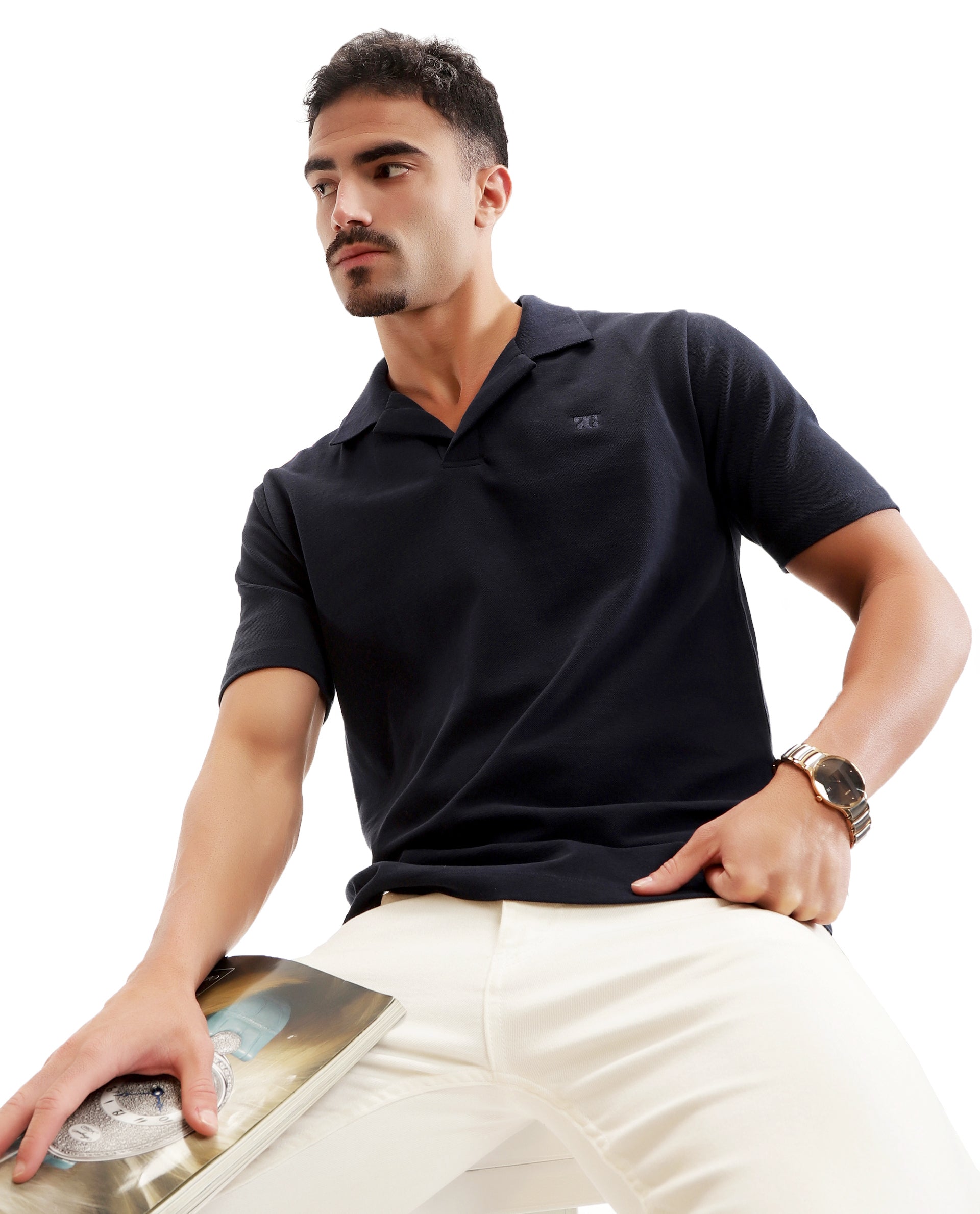 Midnight Navy Blue Johnny Collar Pique Polo with Tone-on-Tone 7C Embroidery