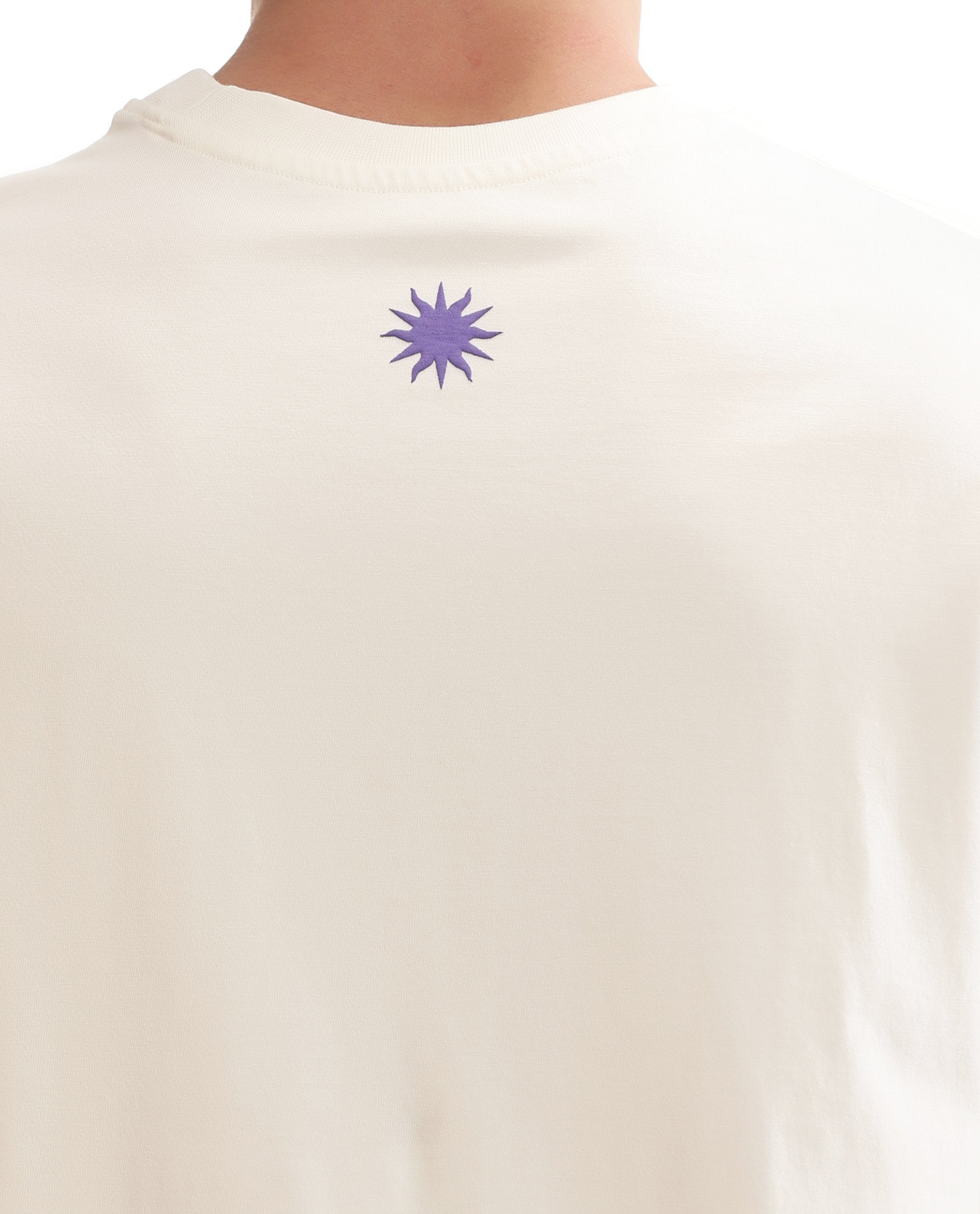 Ivory White Single Jersey Crew Neck Oversized T-Shirt with Deep Purple Puff Print