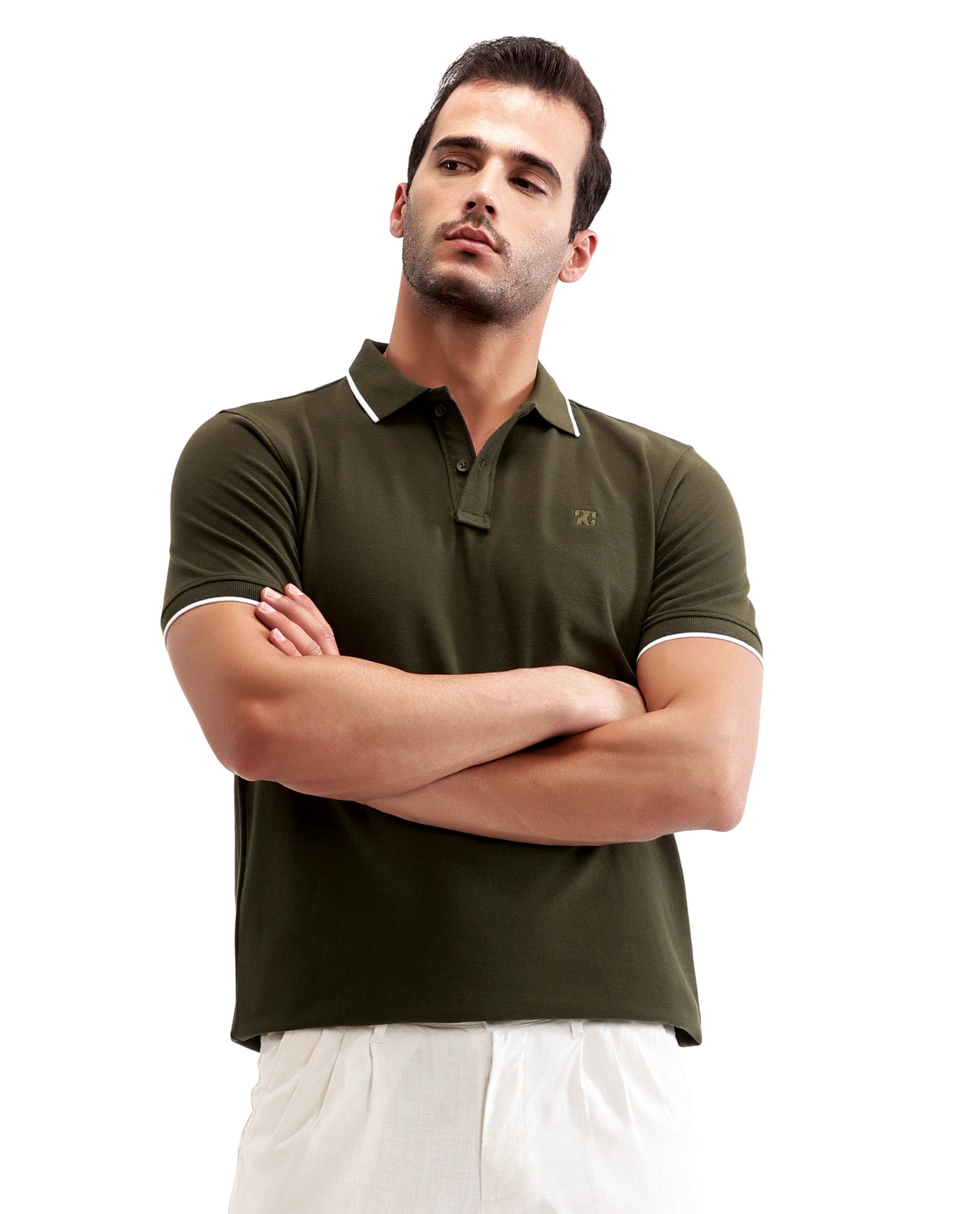 Vintage Olive Pique Polo with White Collar Piping, Tone-on-Tone 7C Embroidery