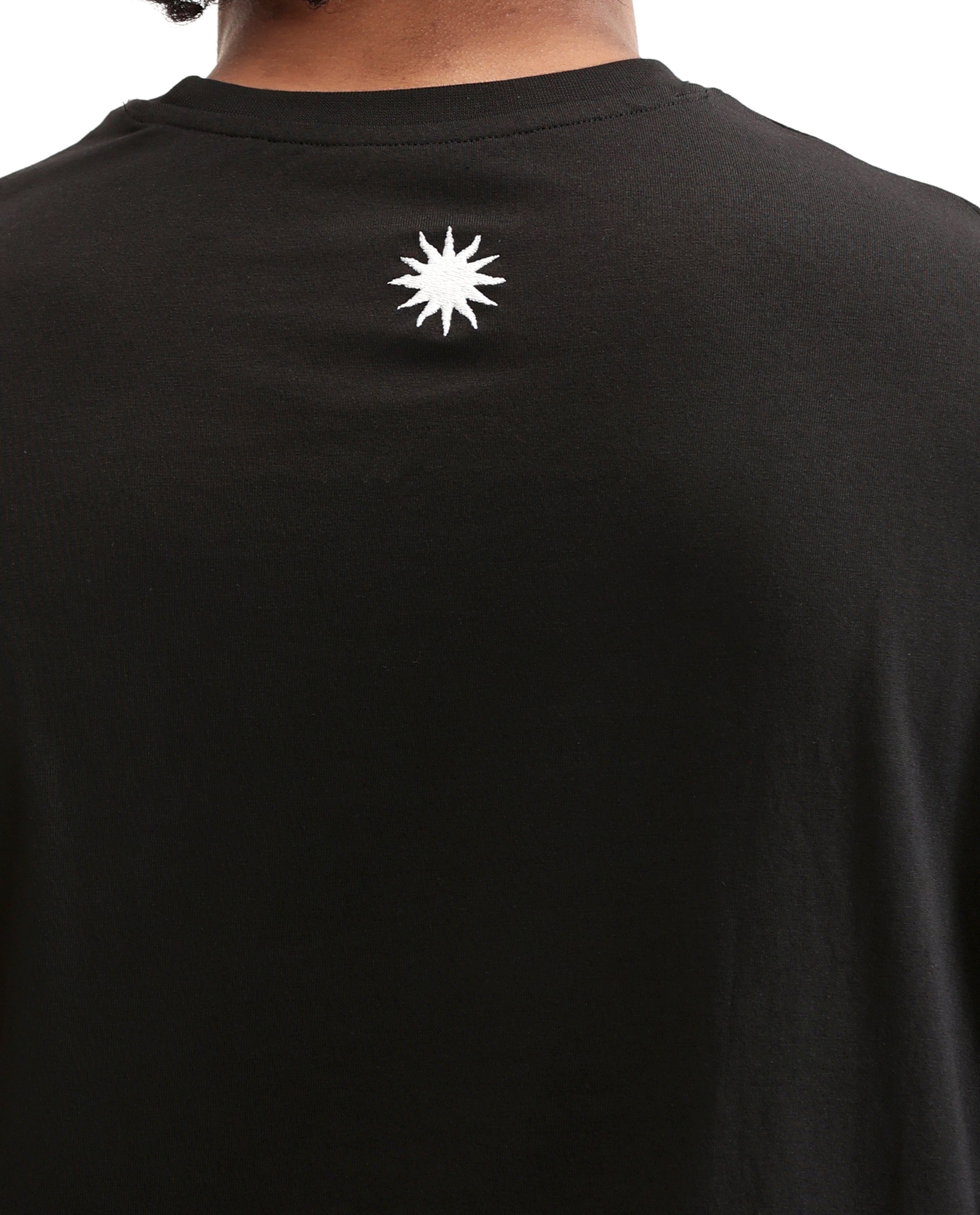 Charcoal Black Single Jersey Crew Neck Oversized T-Shirt with Pure White Embroidery