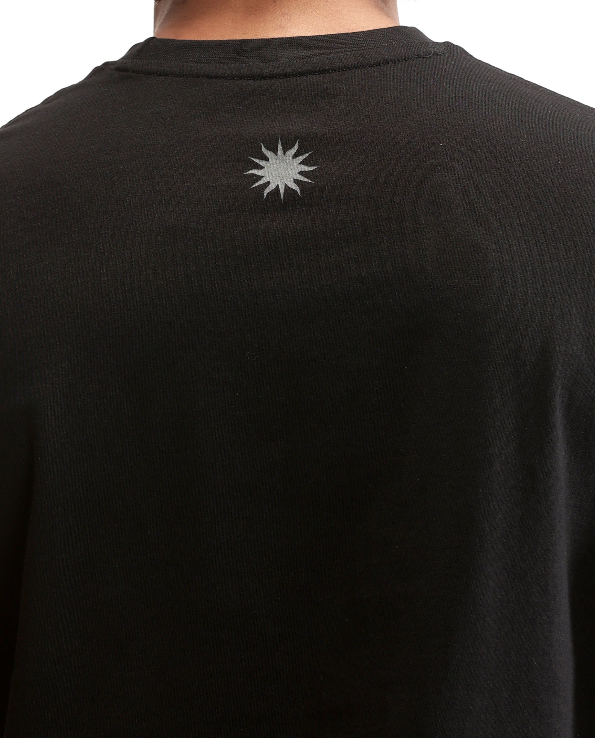 Charcoal Black Single Jersey Crew Neck Oversized T-Shirt with Charcoal Grey Print & Pure White 7C Embroidery