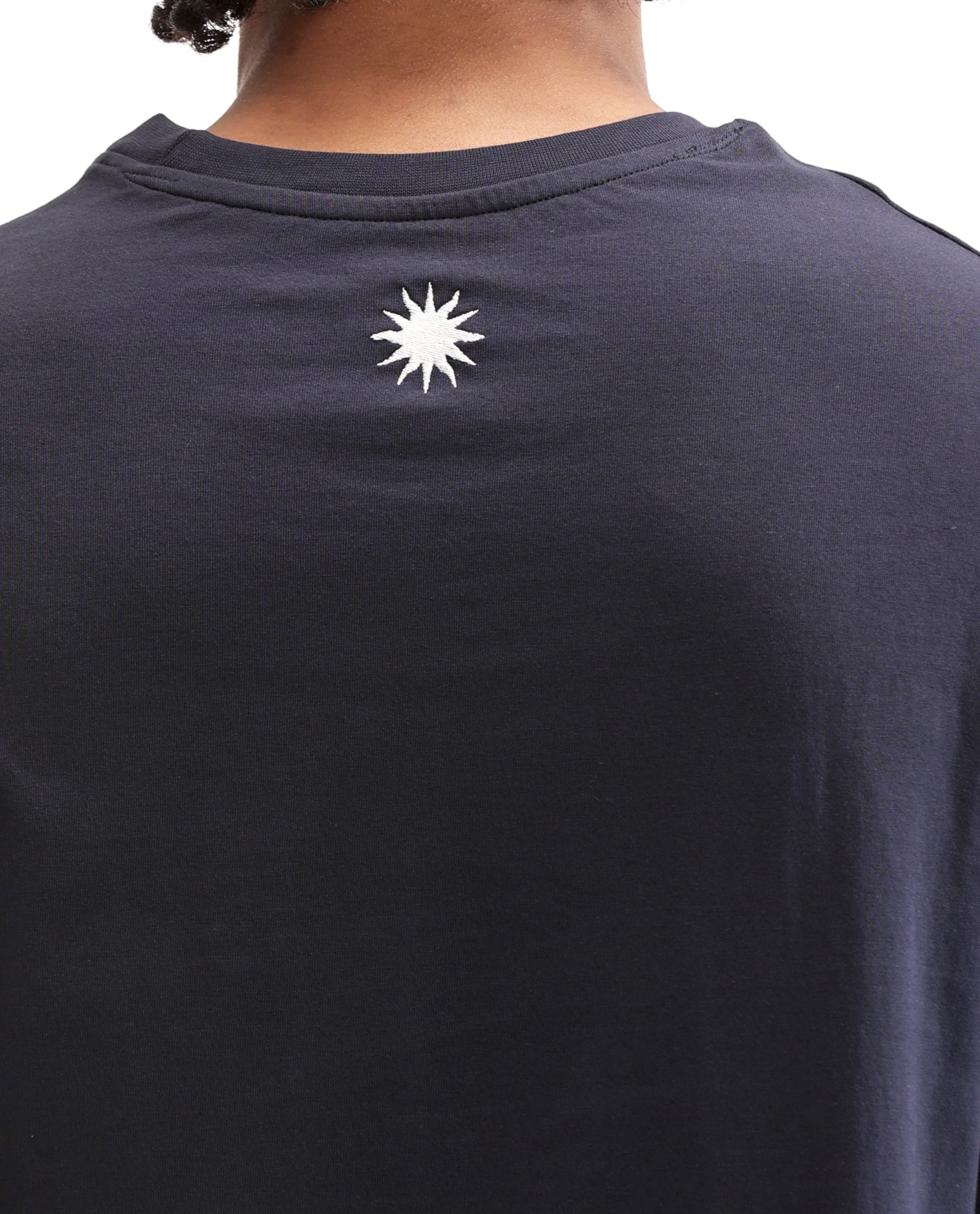 Midnight Navy Blue Single Jersey Crew Neck Oversized T-Shirt with Pure White Embroidery