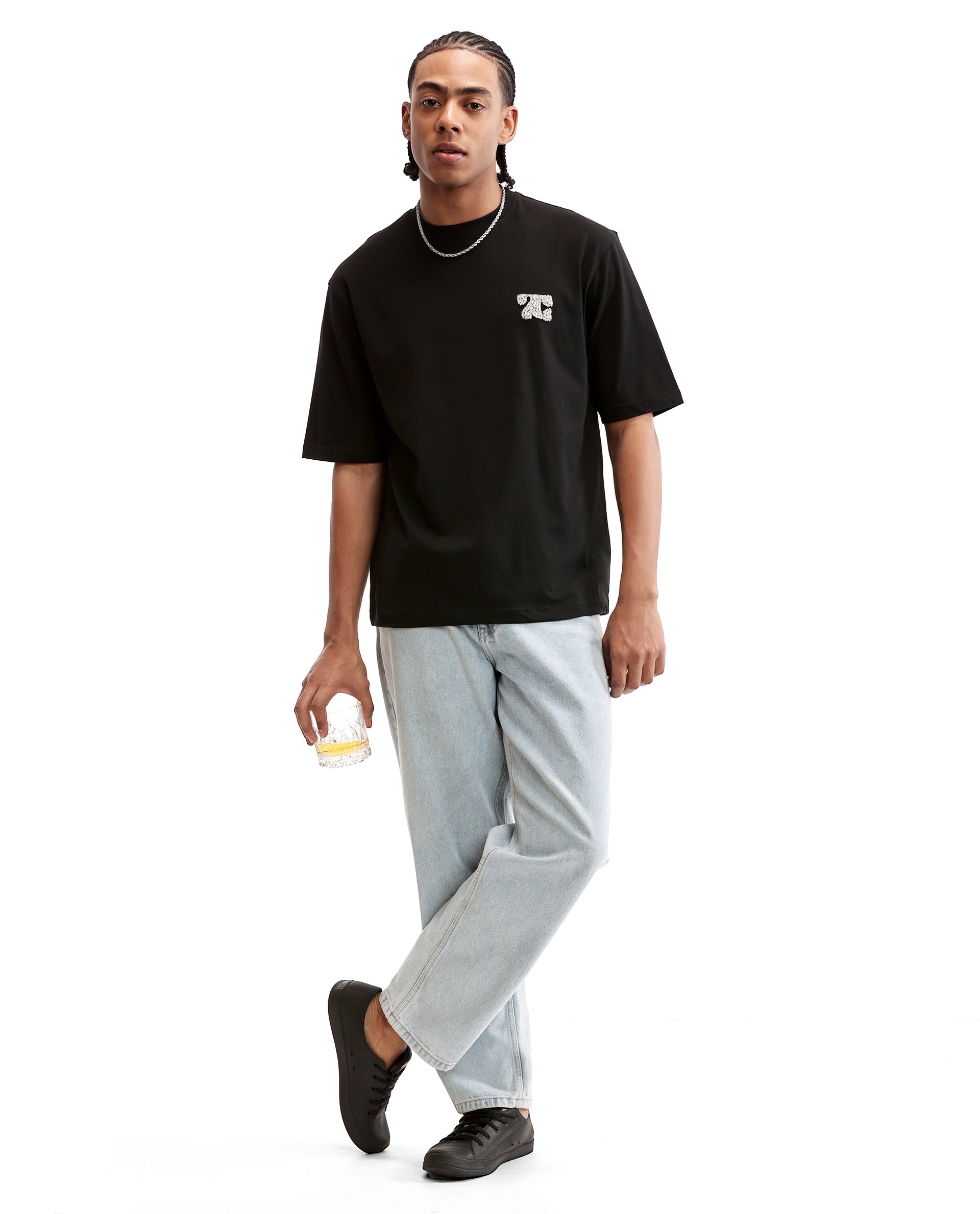 Charcoal Black Single Jersey Crew Neck Oversized T-Shirt with Crystal Finish Rhinestones