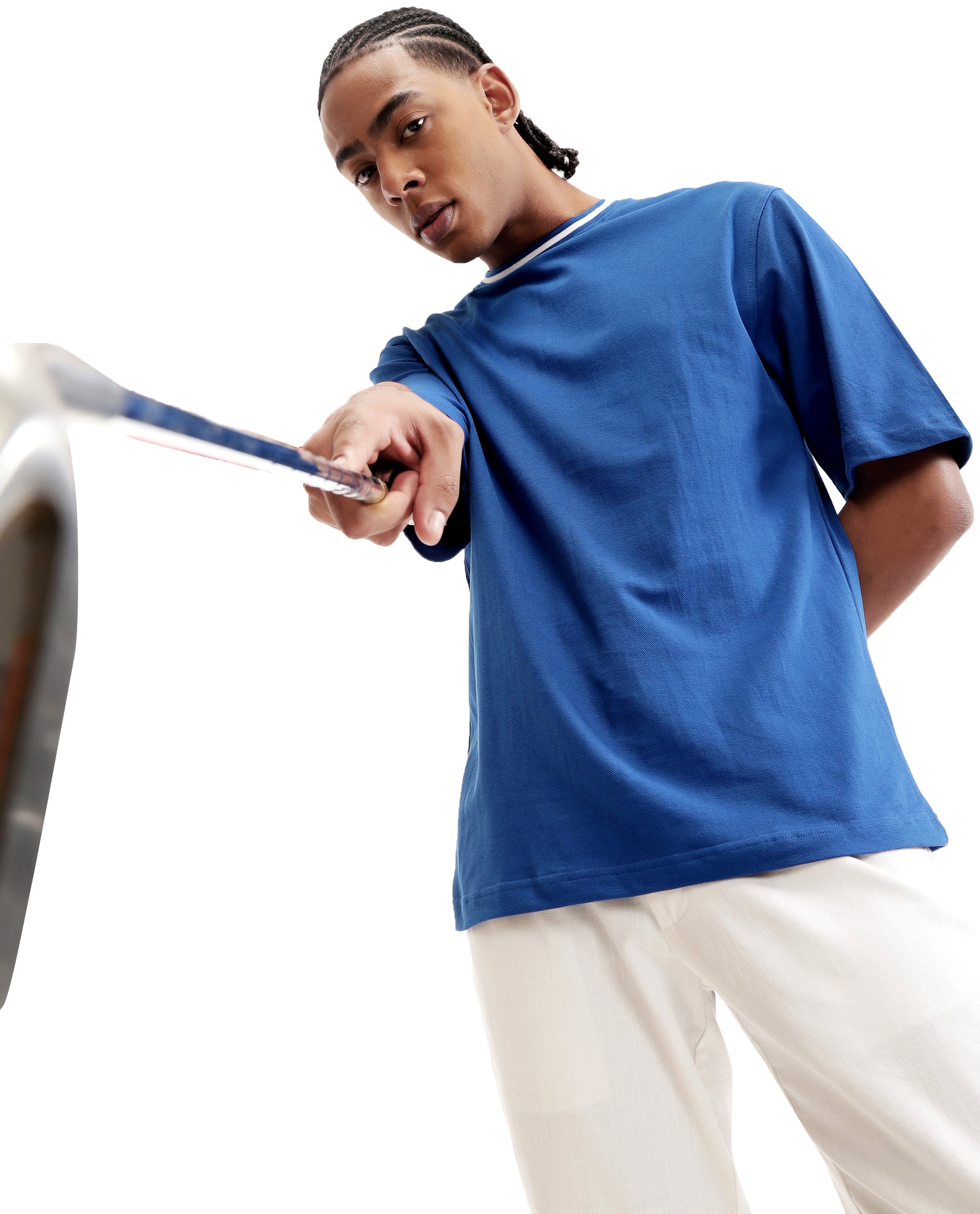 Imperial Prussian Blue Pique Crew Neck Oversized T-Shirt with Pure White Piping