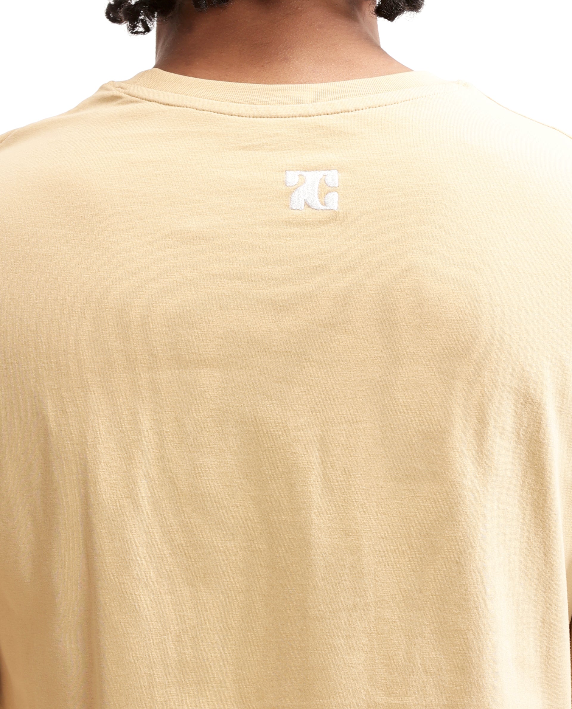 Camel Beige Single Jersey Crew Neck Oversized T-Shirt with Pure White Embroidery