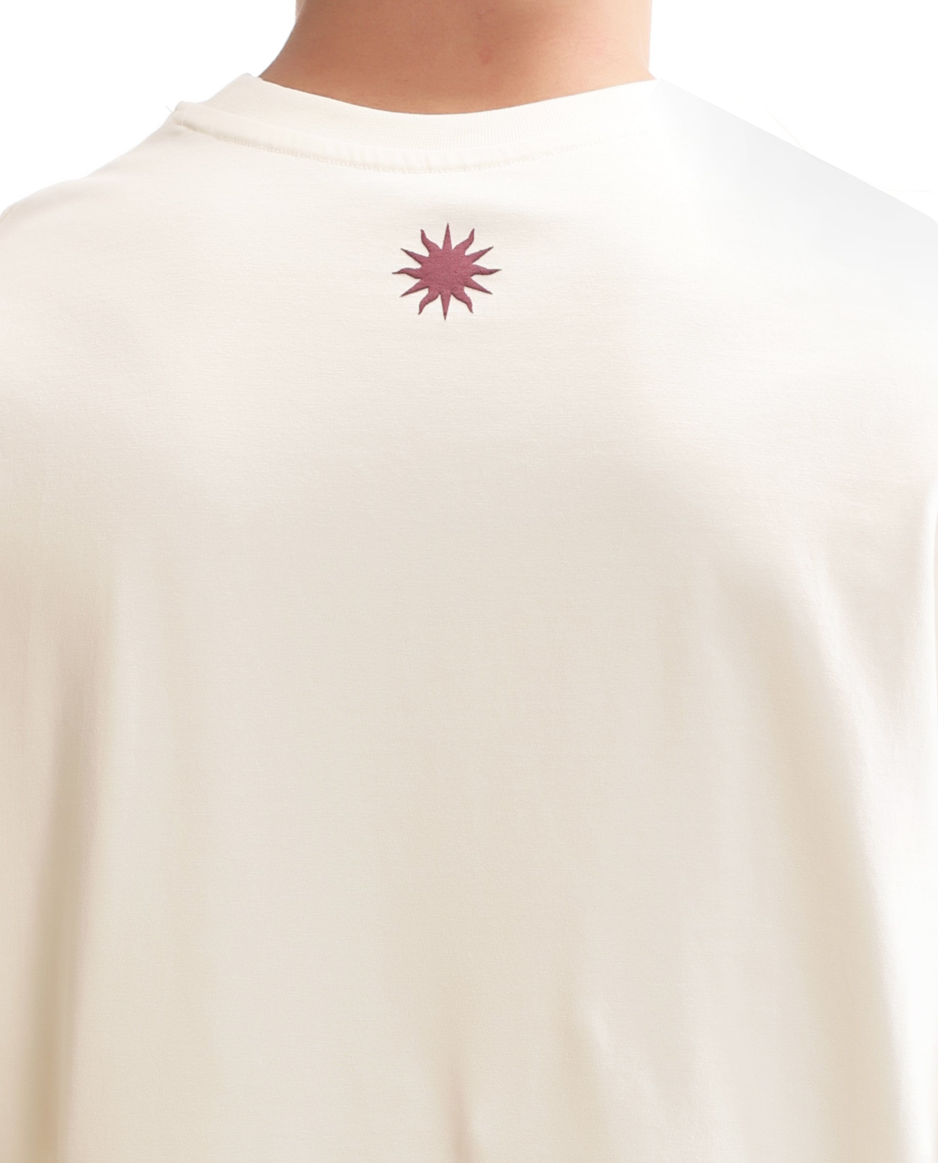 Ivory White Single Jersey Crew Neck Oversized T-Shirt with Bordeaux Maroon Puff Print