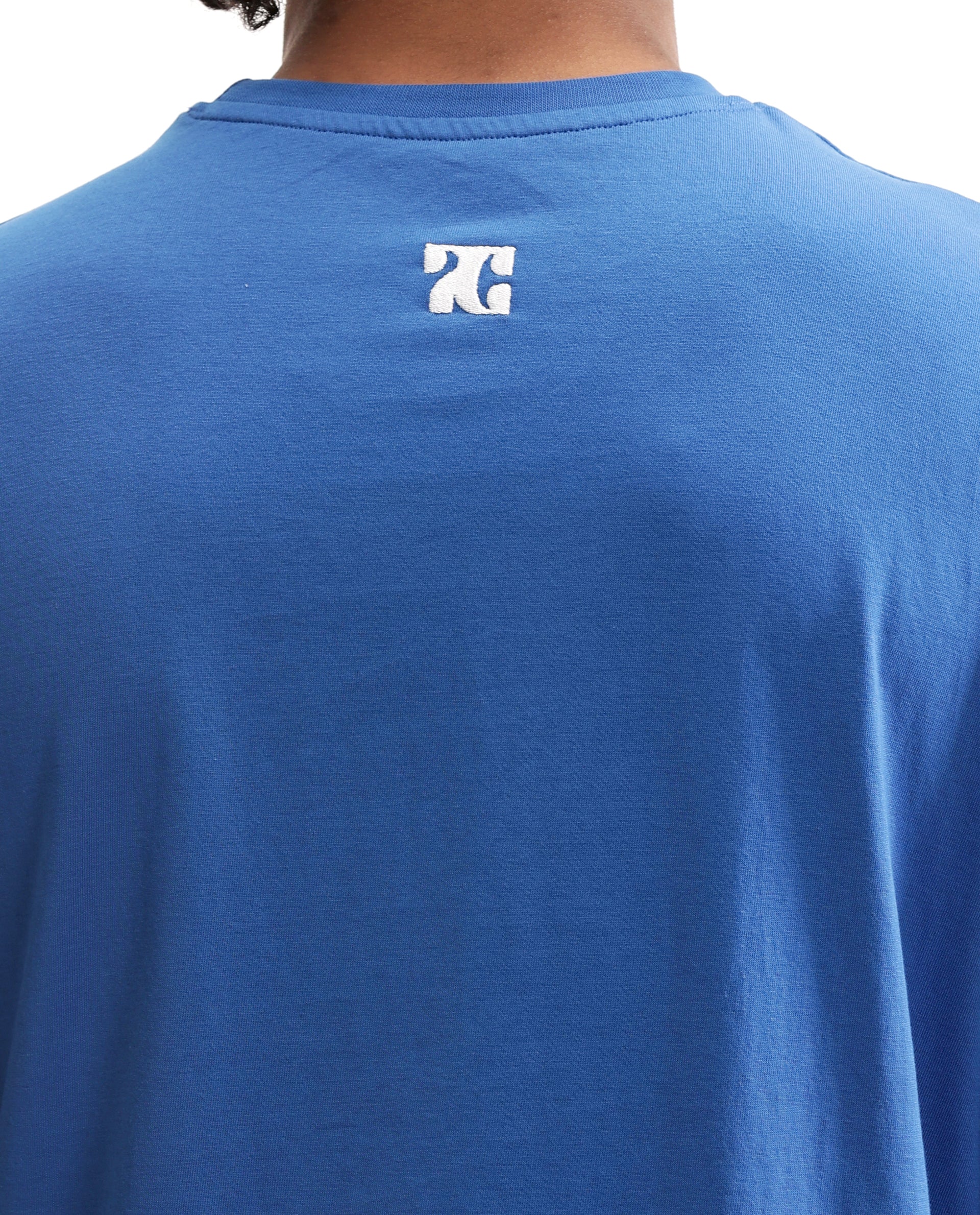 Imperial Prussian Blue Single Jersey Crew Neck Oversized T-Shirt with Pure White Embroidery
