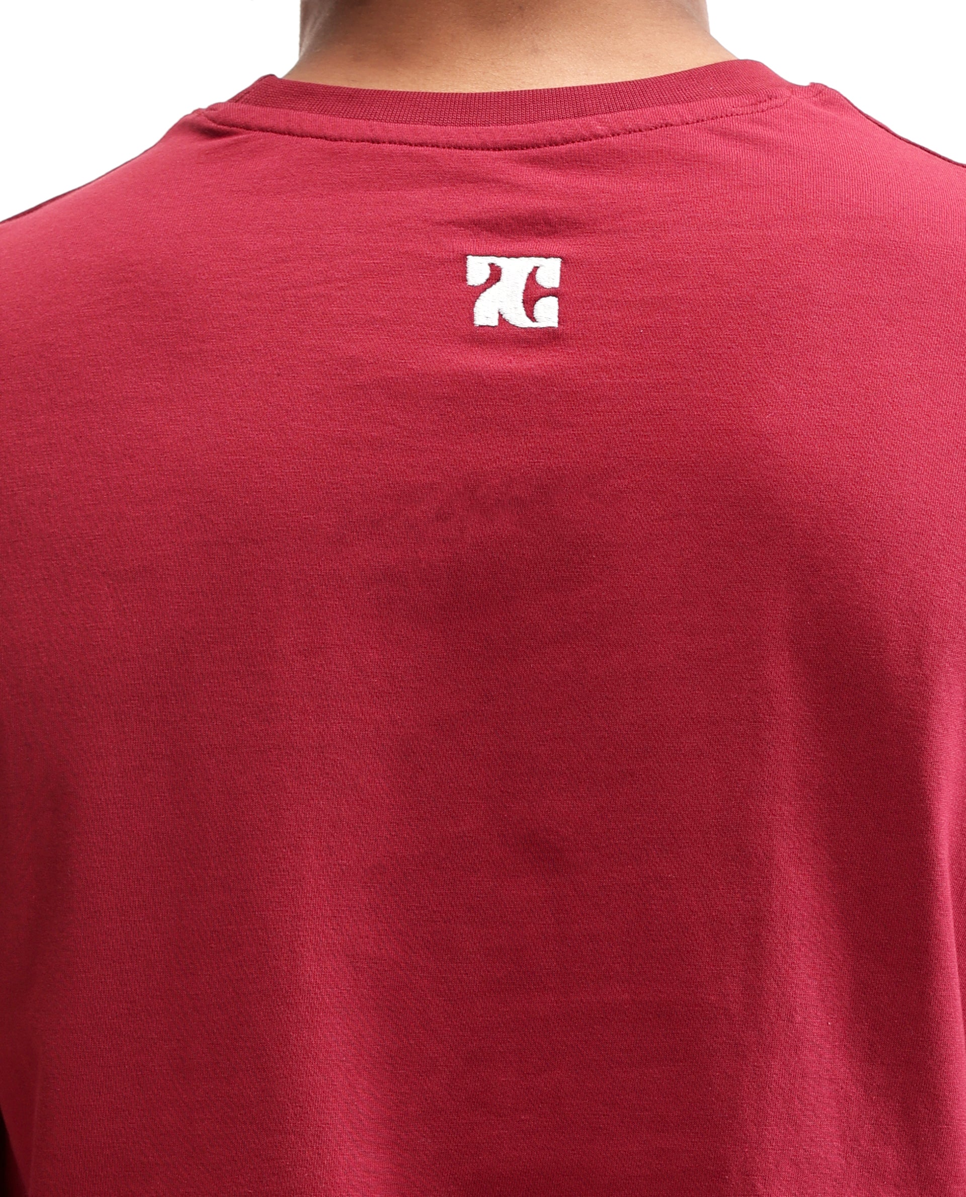 Bordeaux Maroon Single Jersey Crew Neck Oversized T-Shirt with Pure White Embroidery