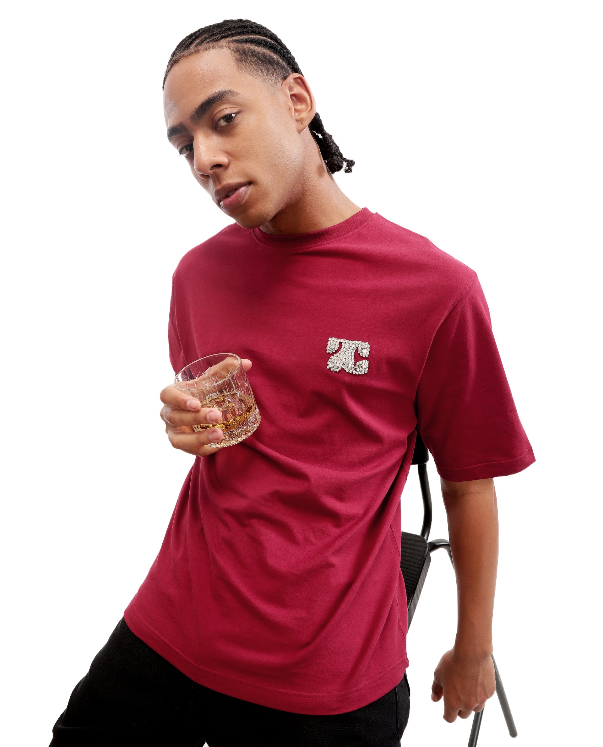 Bordeaux Maroon Single Jersey Crew Neck Oversized T-Shirt with Crystal Finish Rhinestones