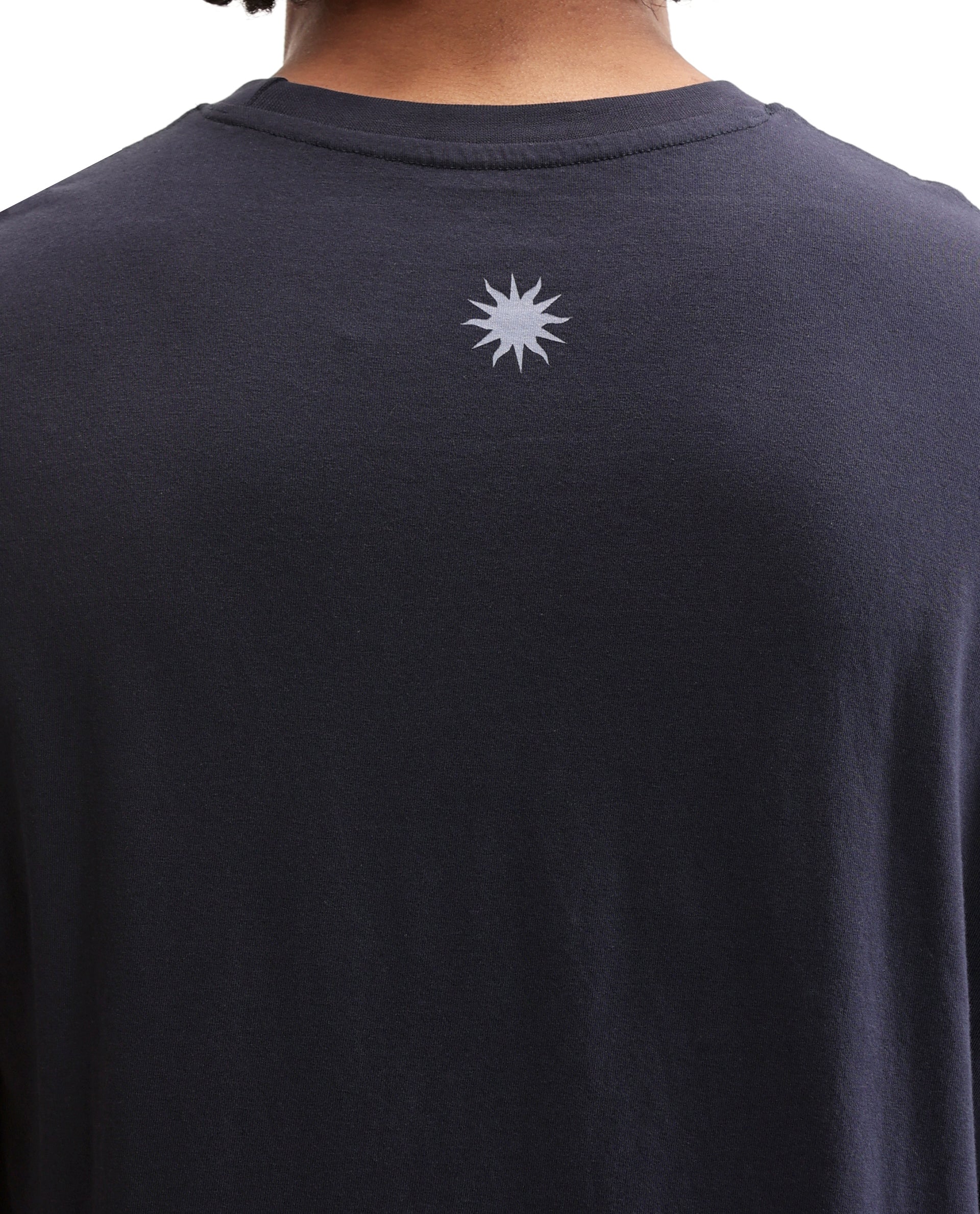 Midnight Navy Blue Single Jersey Crew Neck Oversized T-Shirt with Light Blue Print & Pure White 7C Embroidery