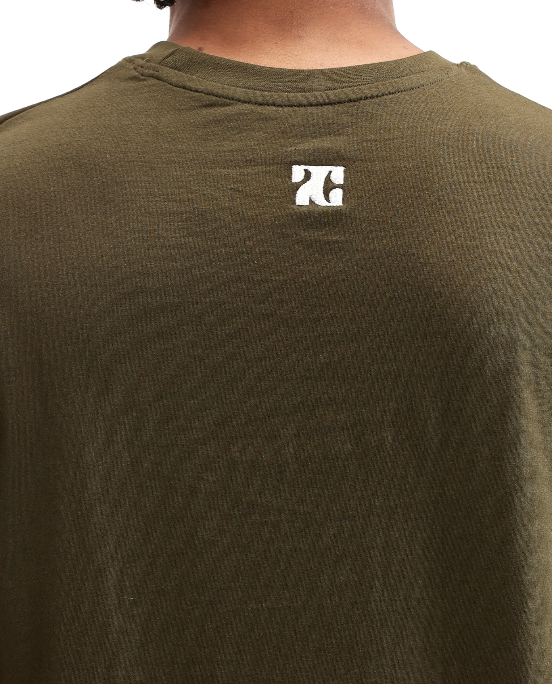 Vintage Olive Single Jersey Crew Neck Oversized T-Shirt with Pure White Embroidery