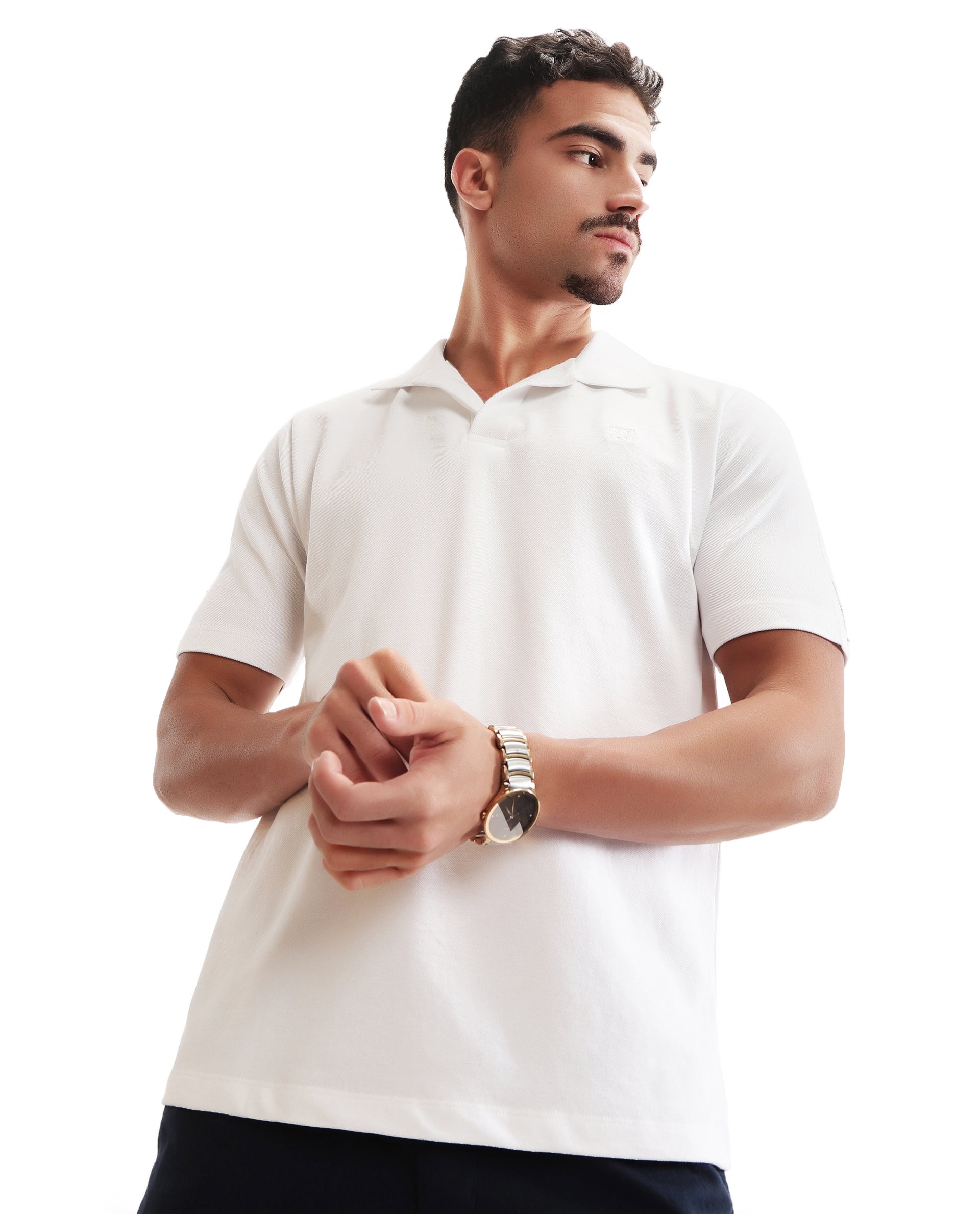 Pure White Johnny Collar Pique Polo with Tone-on-Tone 7C Embroidery