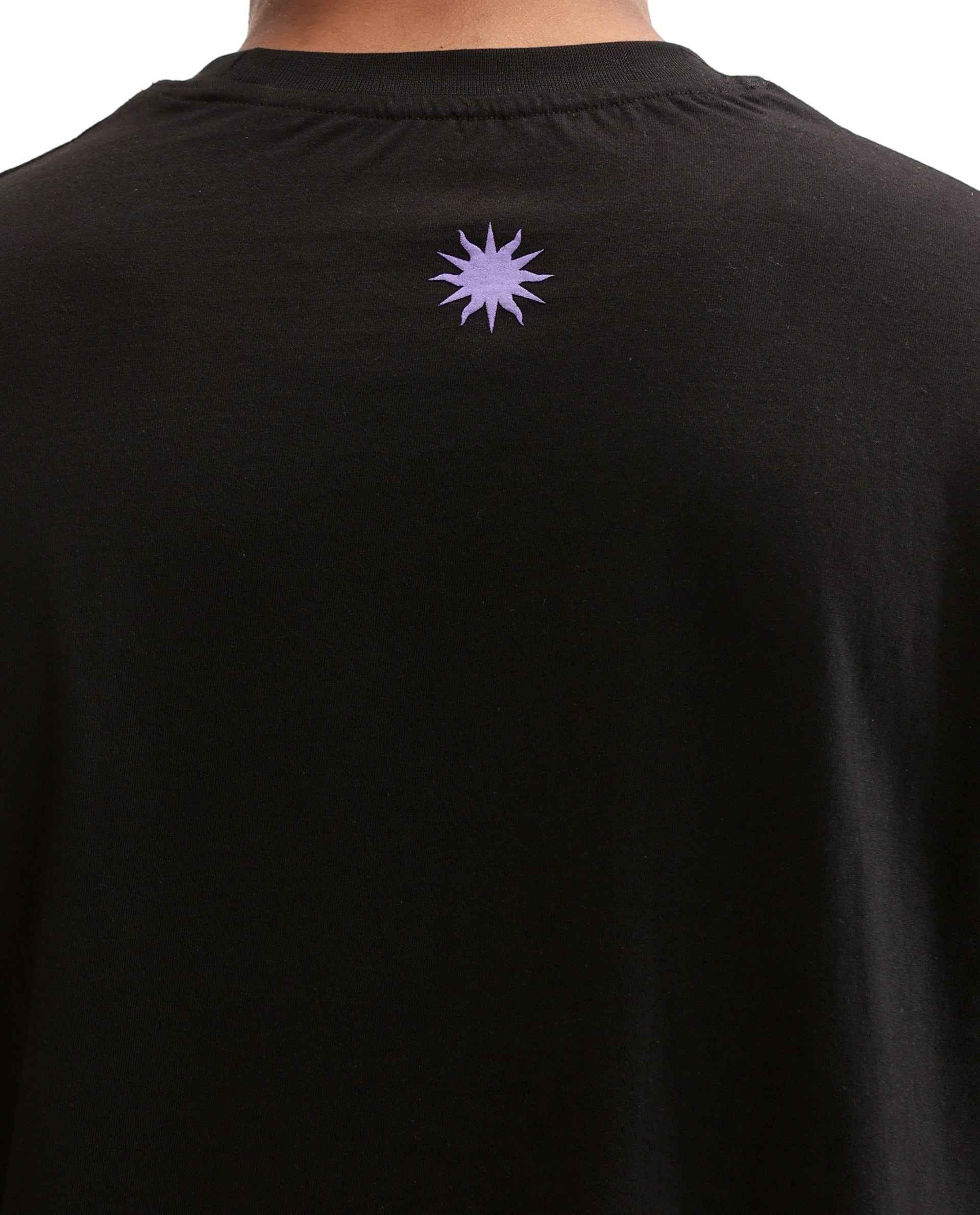 Charcoal Black Single Jersey Crew Neck Oversized T-Shirt with Deep Purple HD Print