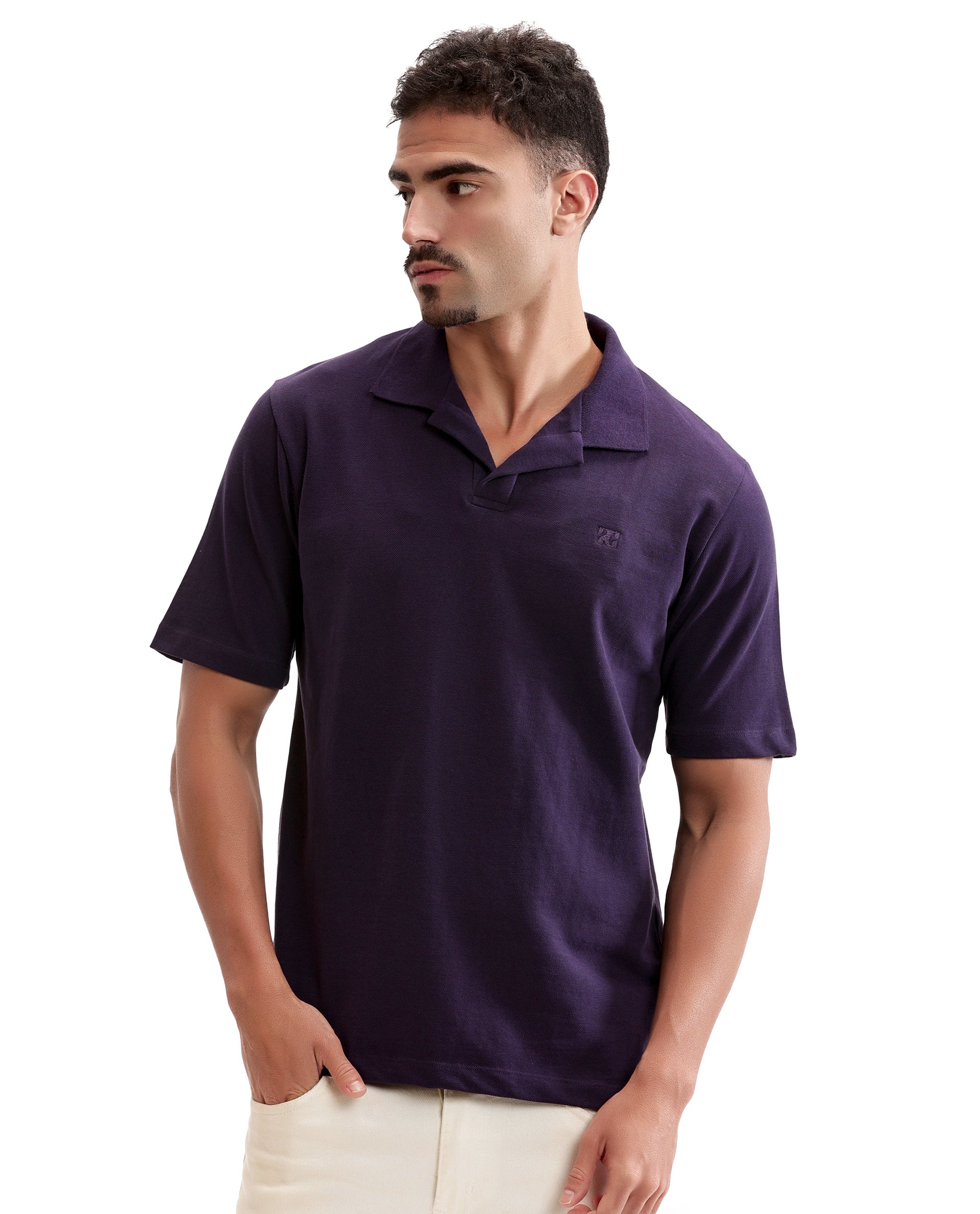 Deep Purple Johnny Collar Pique Polo with Tone-on-Tone 7C Embroidery