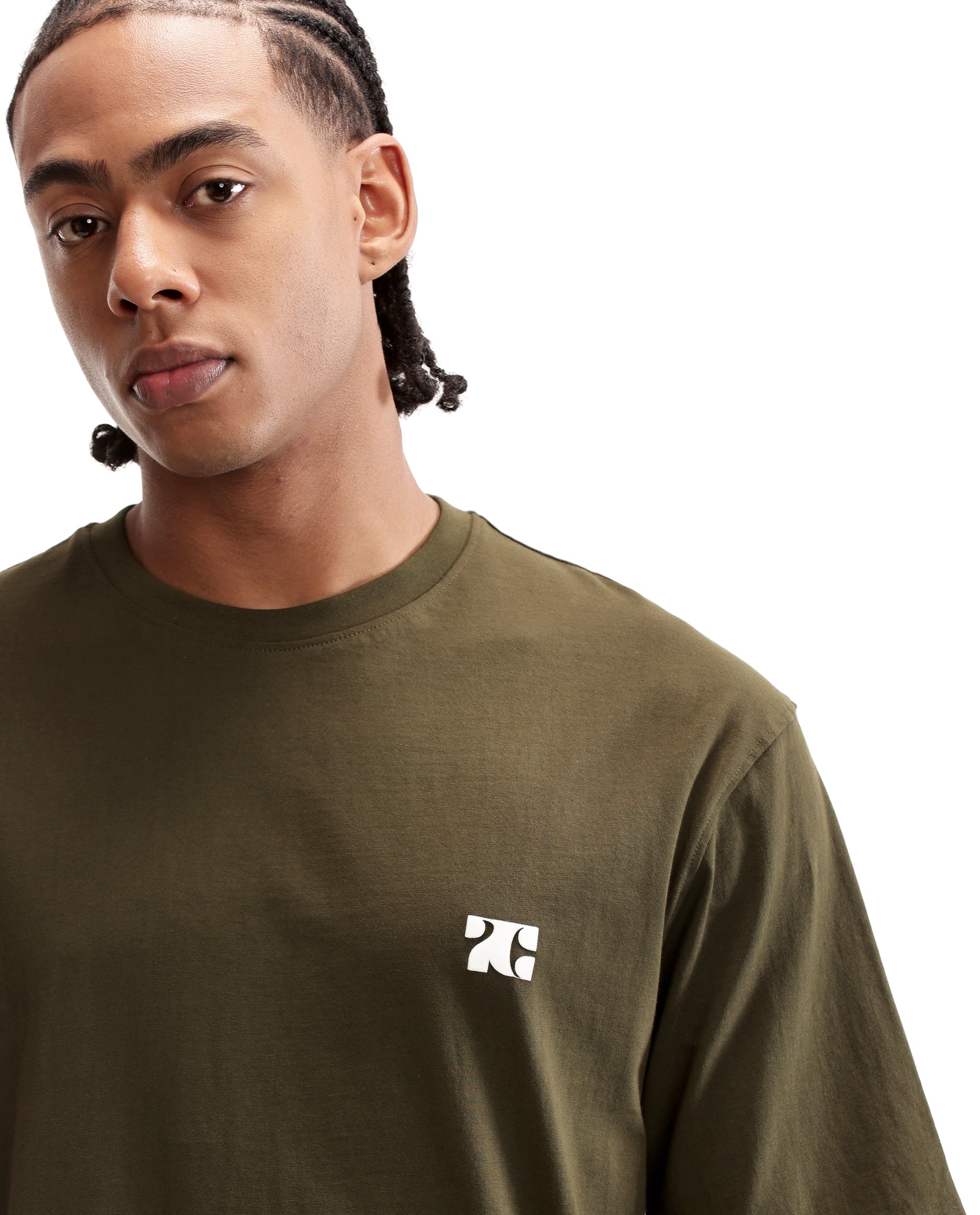 Vintage Olive Single Jersey Crew Neck Oversized T-Shirt with Pure White HD Print