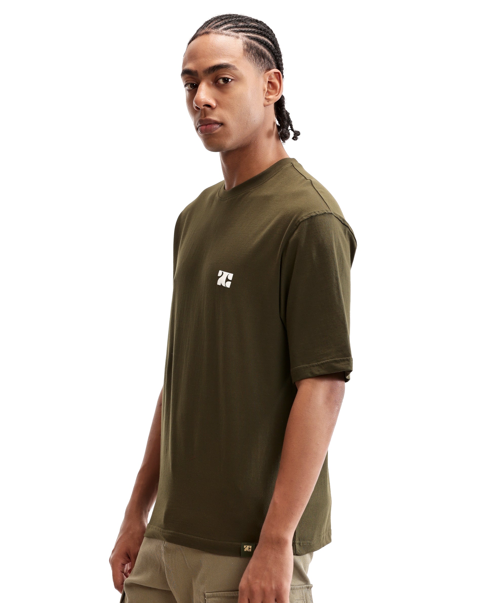 Vintage Olive Single Jersey Crew Neck Oversized T-Shirt with Pure White HD Print