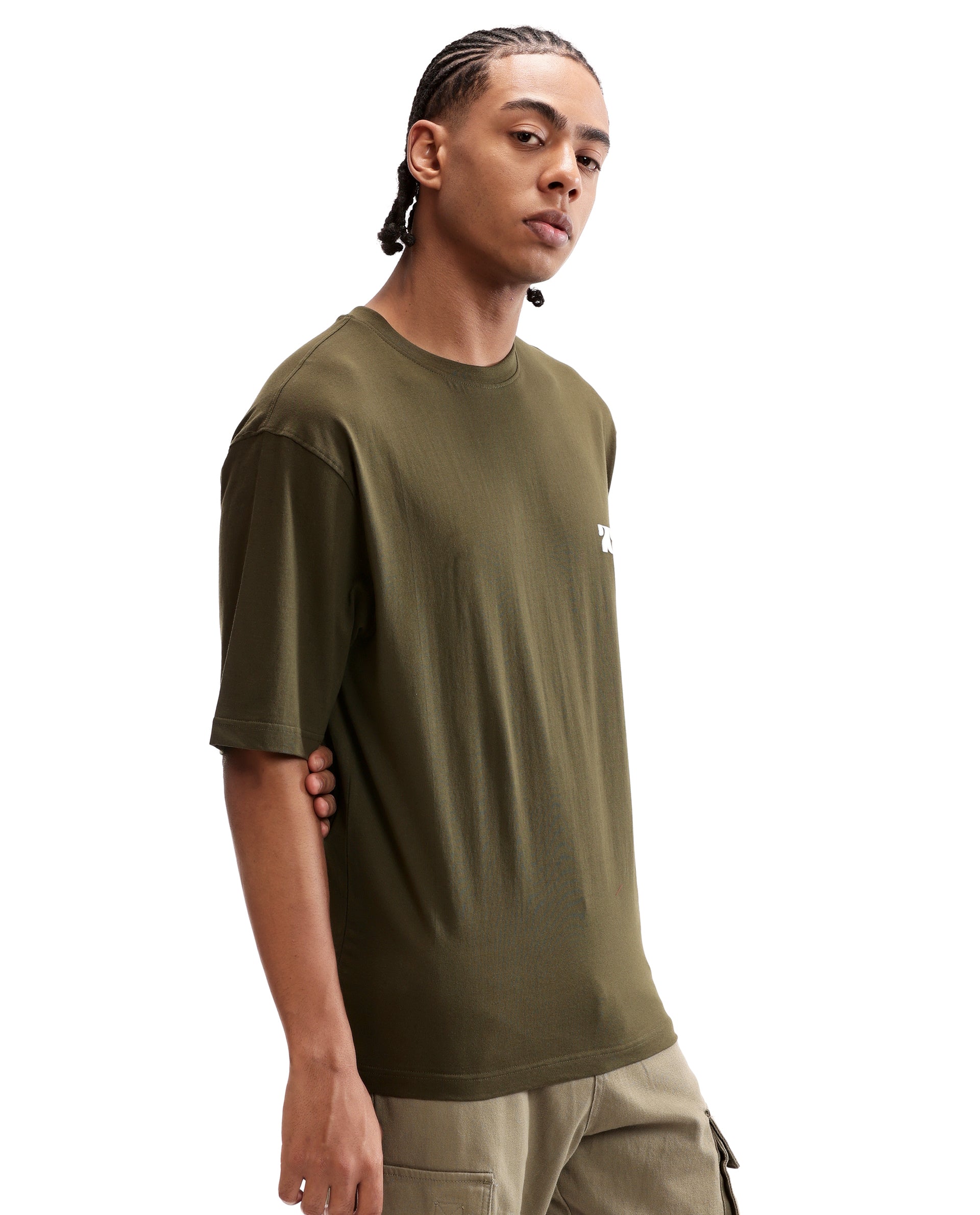Vintage Olive Single Jersey Crew Neck Oversized T-Shirt with Pure White HD Print
